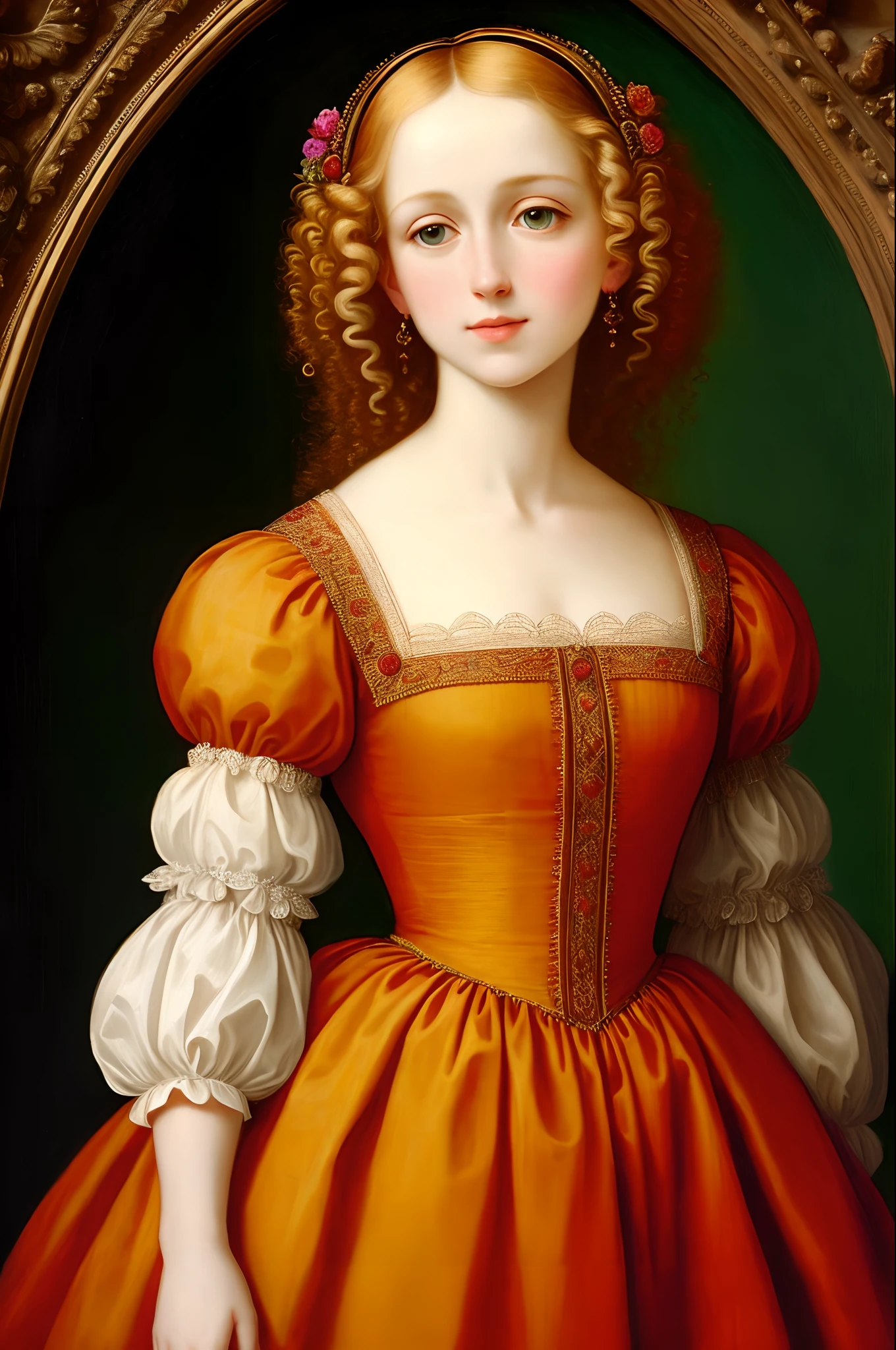 Renaissance style painting of blonde curly haired pale women with a colorful detailed dress
