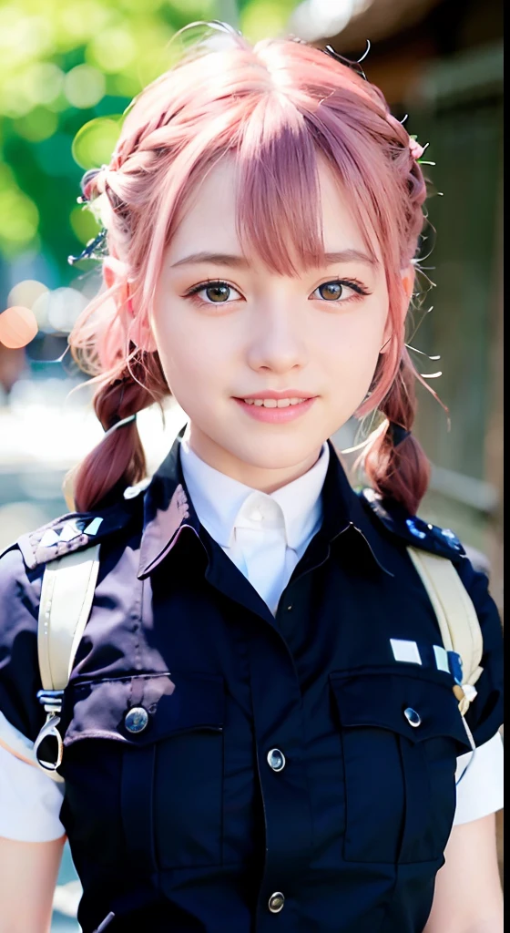 (ultra-detailliert), police uniform with、Blue eyes,full body Esbian、faces、(A smile:1.5),(facing front:1.2), , teens girl,no tail,(no tail),2D, ​masterpiece, top-quality, animesque, A detailed eye, A detailed face, girl with, Only 1 person,Medium hair with pink hair, (Pink hair),  Ear Hair, small tits, Single braid, (Single braid), (Side braid), Background bokeh