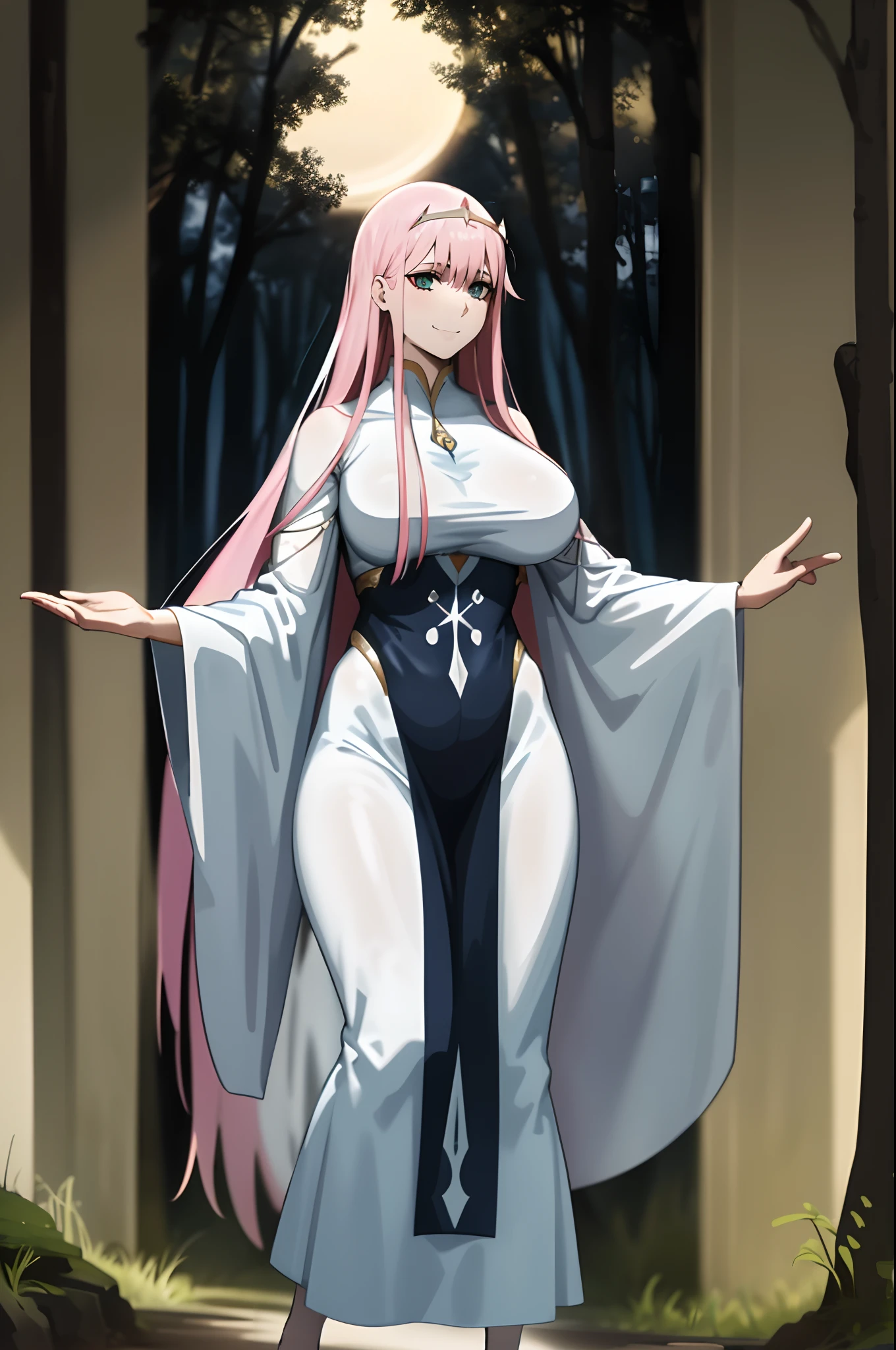 Zero Two, dress, sun halo, holy, smile, medium breast, priestess, full body, walking, divine aura, sun halo, solar halo, long skirt, porcelain skin, ethereal, graceful movement, flowing golden hair, radiant beauty, enchanting gaze, serene expression, soft sunlight, angelic presence, celestial atmosphere, mystical background, celestial light, glowing halo, gentle breeze, ethereal glow, captivating aura, divine radiance, natural beauty, sublime elegance, heavenly charm, peaceful countenance, harmonious surroundings, ethereal grace, mesmerizing presence, transcendent allure, magical serenity, serene and majestic, radiant happiness, heavenly enchantment, delicate features, elegant posture, celestial maiden, otherworldly presence, serene and ethereal, divine embodiment, celestial being, spiritual tranquility, mesmerizing beauty, ethereal goddess, radiant purity. Preparing SeaArt Bot Txt2Img Default 21:19:45, green eyes, white robe, large skirt, long skirt, longeyelashes, solid circle eyes, light smile, ear blush, fang, Surrealism, drop shadow, anaglyph, stereogram, tachi-e, pov, atmospheric perspective, 8k, super detail, ccurate, best quality, best quality, high quality, super detail, anatomically correct, retina, UHD, masterpiece, high details, award winning, highres, textured skin, ccurate, venus body,medieval clothing, dark atmosphere, ornate details, dim lighting, dramatic shadows, mysterious aura, intricate lace patterns, porcelain skin, bewitching gaze, elegant posture, majestic presence, flowing silhouette, gothic architecture, candlelit hauntingly beautiful, enchanting presence, ethereal ambiance, alluring expression, intense sensuality, exquisite jewelry, supernatural allure, captivating aura, sensual curves, full body, boots, happy, smile, boots, standing pose, black cape