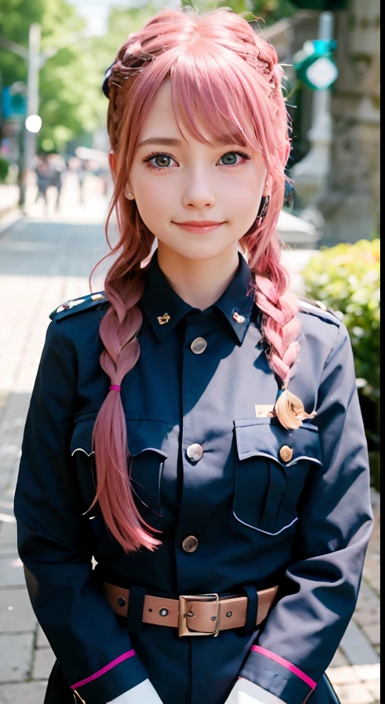 (ultra-detailliert), police uniform with、Blue eyes,full body Esbian、faces、(A smile:1.5),(facing front:1.2), sixteen years old, teens girl,no tail,(no tail),2D, ​masterpiece, top-quality, animesque, A detailed eye, A detailed face, girl with, Only 1 person,Medium hair with pink hair, (Pink hair),  Ear Hair, small ????, Single braid, (Single braid), (Side braid), Background bokeh