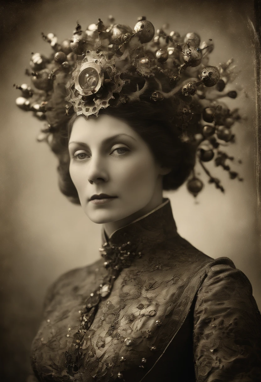 old wetplate daguerreotype dystopian portrait of a bio mechanical cyborg with crackle skin, explosion of glowing data fragments, fractals, intricate, elegant, highly detailed, avant-garde parallax, brutalism, leica, medium format, subsurface scattering, by jheronimus bosch and greg rutkowski, louis jacques mande daguerre, ray caesar