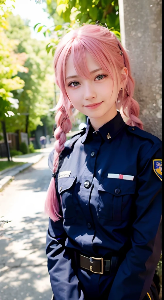 (ultra-detailliert), police uniform with、Blue eyes,full body Esbian、faces、(A smile:1.5),(facing front:1.2), , teens girl,no tail,(no tail),2D, ​masterpiece, top-quality, animesque, A detailed eye, A detailed face, girl with, Only 1 person,Medium hair with pink hair, (Pink hair),  Ear Hair, small tits, Single braid, (Single braid), (Side braid), Background bokeh