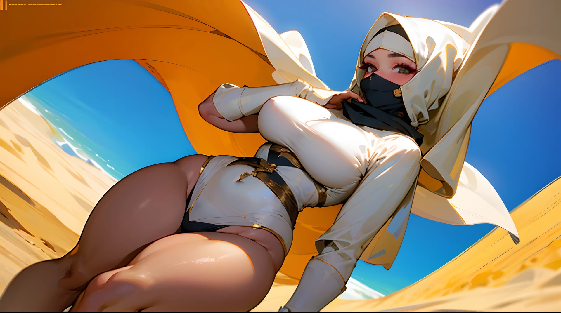 Arab, large tita, thick thighs, wide hips, thin waist, sexy pose, hands in the air, hijab covering face, in desert