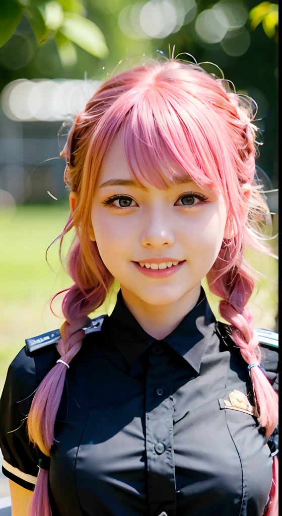 (ultra-detailliert), police uniform with、Blue eyes,The upper part of the body、full bodyesbian、faces、(A smile:1.5),(facing front:1.2), sixteen years old, teens girl,no tail,(no tail),2D, ​masterpiece, top-quality, animesque, A detailed eye, A detailed face, girl with, Only 1 person,Medium hair with pink hair, (Pink hair),  Ear Hair, small , Single braid, (Single braid), (Side braid), Background bokeh