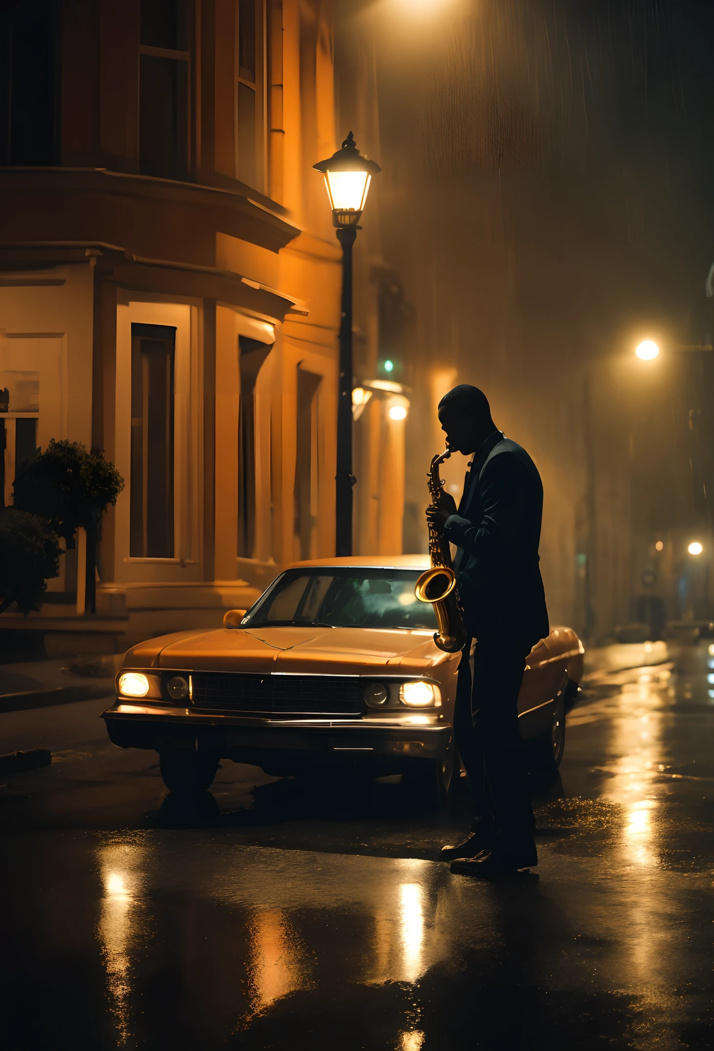 Black man playing sax in the rain with headlights on, Street Lighting Poles With Lights Illuminating The City, luzes laranjas e tons vermelhos e brancos refletindo nas paredes. The car is parked in front of the imposing building and there is heavy rain at night. High-definition details in light blue and fluorescent green, Câmera Bird's-Eye View, Processamento Cruzado, HDR, 4k