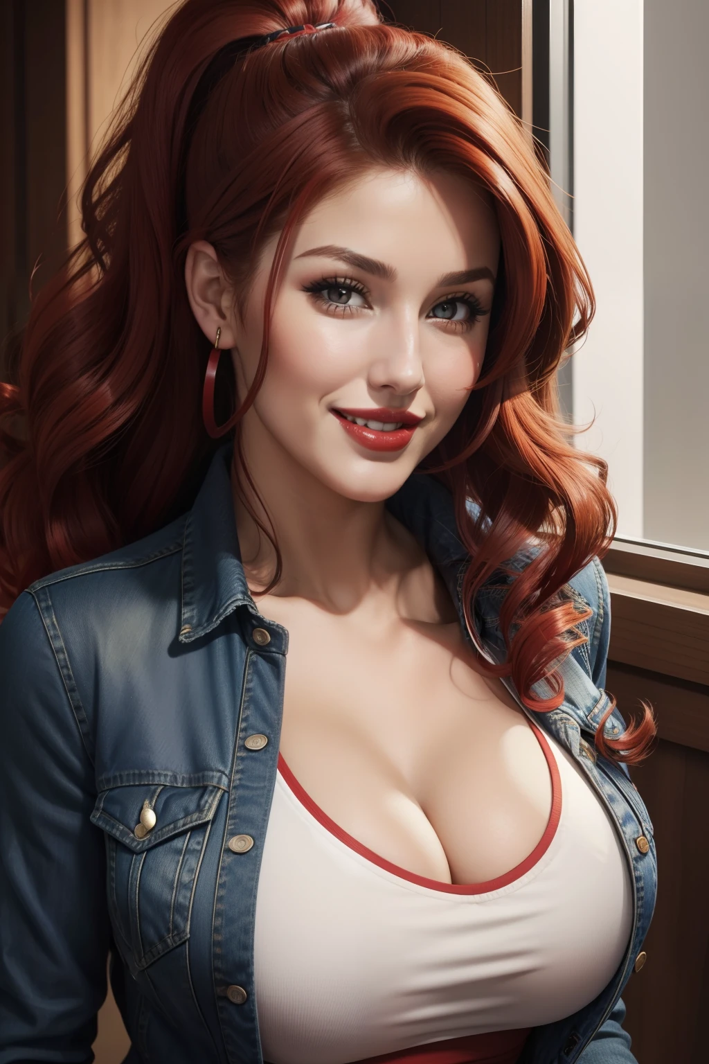 lucy pinder, face portrait, curly hair, red hair, ponytail, cleavage, red lipstick, smiling, black t-shirt, jeans jacket