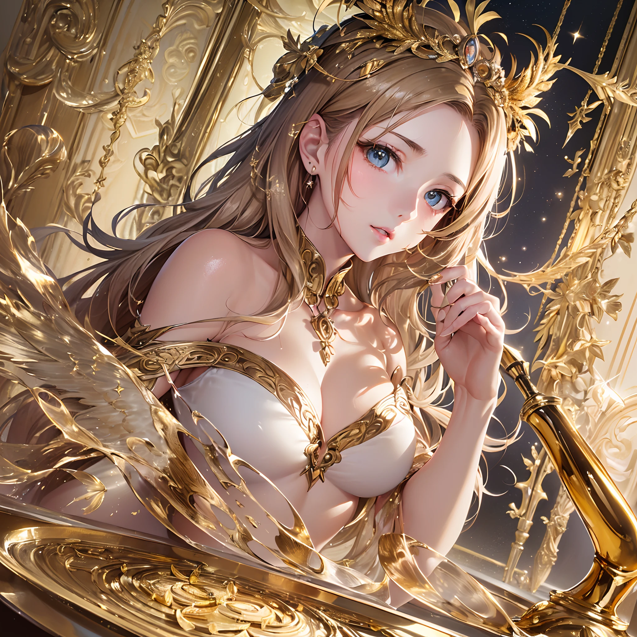 ((Finest quality)),(超A high resolution),(ultra-detailliert),(Meticulous portrayal),((Best CG)),(Finest works of art),Ultra-Precision Art,The art of astounding depiction, (1人の女性:1.5),goddess of greek mythology:1.5,Holding up the scales:1.5,(Shine golden brown hair:1.5),