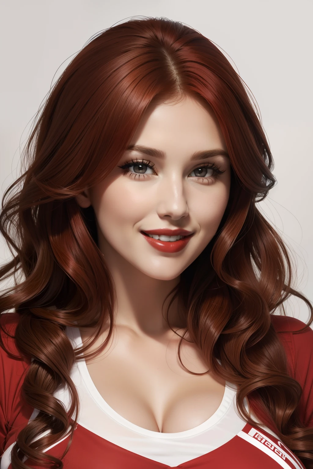 lucy pinder, face portrait, curly hair, red hair, red lipstick, smiling, white t-shirt, Voluptuous