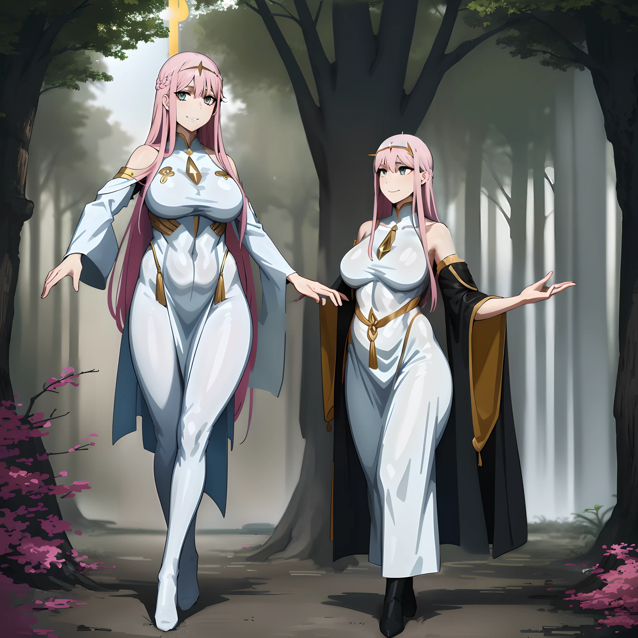 Zero Two, dress, sun halo, holy, smile, medium breast, priestess, full body, walking, divine aura, sun halo, solar halo, long skirt, porcelain skin, ethereal, graceful movement, flowing golden hair, radiant beauty, enchanting gaze, serene expression, soft sunlight, angelic presence, celestial atmosphere, mystical background, celestial light, glowing halo, gentle breeze, ethereal glow, captivating aura, divine radiance, natural beauty, sublime elegance, heavenly charm, peaceful countenance, harmonious surroundings, ethereal grace, mesmerizing presence, transcendent allure, magical serenity, serene and majestic, radiant happiness, heavenly enchantment, delicate features, elegant posture, celestial maiden, otherworldly presence, serene and ethereal, divine embodiment, celestial being, spiritual tranquility, mesmerizing beauty, ethereal goddess, radiant purity. Preparing SeaArt Bot Txt2Img Default 21:19:45, green eyes, white robe, large skirt, long skirt, longeyelashes, solid circle eyes, light smile, ear blush, fang, Surrealism, drop shadow, anaglyph, stereogram, tachi-e, pov, atmospheric perspective, 8k, super detail, ccurate, best quality, best quality, high quality, super detail, anatomically correct, retina, UHD, masterpiece, high details, award winning, highres, textured skin, ccurate, venus body,medieval clothing, dark atmosphere, ornate details, dim lighting, dramatic shadows, mysterious aura, intricate lace patterns, porcelain skin, bewitching gaze, elegant posture, majestic presence, flowing silhouette, gothic architecture, candlelit hauntingly beautiful, enchanting presence, ethereal ambiance, alluring expression, intense sensuality, exquisite jewelry, supernatural allure, captivating aura, sensual curves, full body, boots, happy, smile, boots, standing pose, black cape