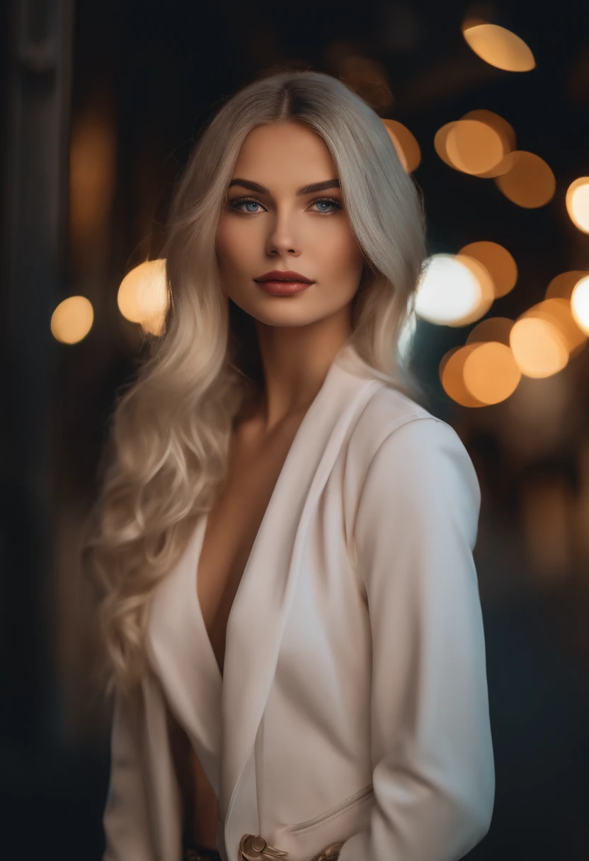 A sexy woman, 18 years old, fair skin, slim body, large bust, straight platinum blonde hair, long hair, stylish haircut, wavy hair, attractive face, attractive young face, blue eyes, detailed face, full lips, body photo entire, night life background, edited in Adobe Premiere, 8k