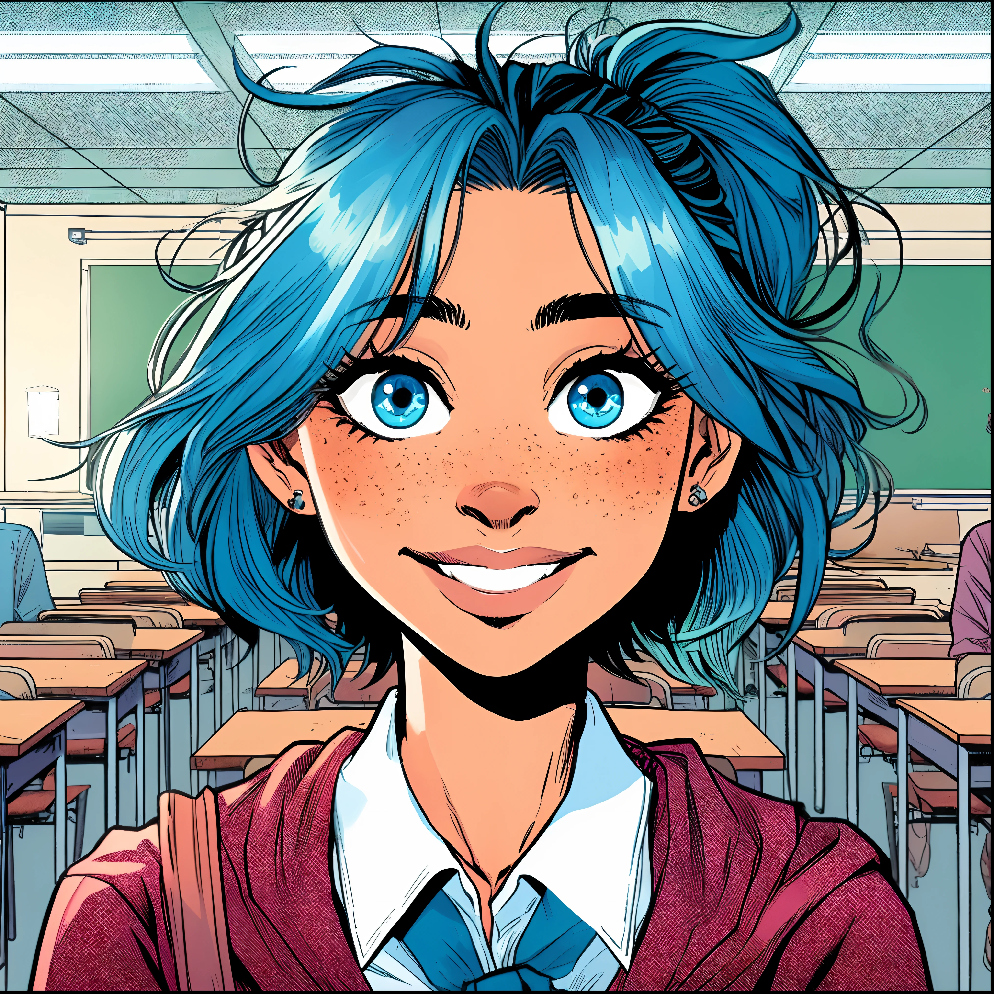 um close up de um desenho animado de uma mulher com cabelo azul, betty cooper, menina com cabelo azul, Menina anime com cabelo martelo, mulher de cabelo azul curto, Arte Oficial, menina da escola, marvelous expression, menina bonita do cabelo azul, Archie Andrews, school background, Colorido digitalmente, inspirado em Tim Doyle, sem texto, menina bonita com cabelo azul, com cabelos azuis