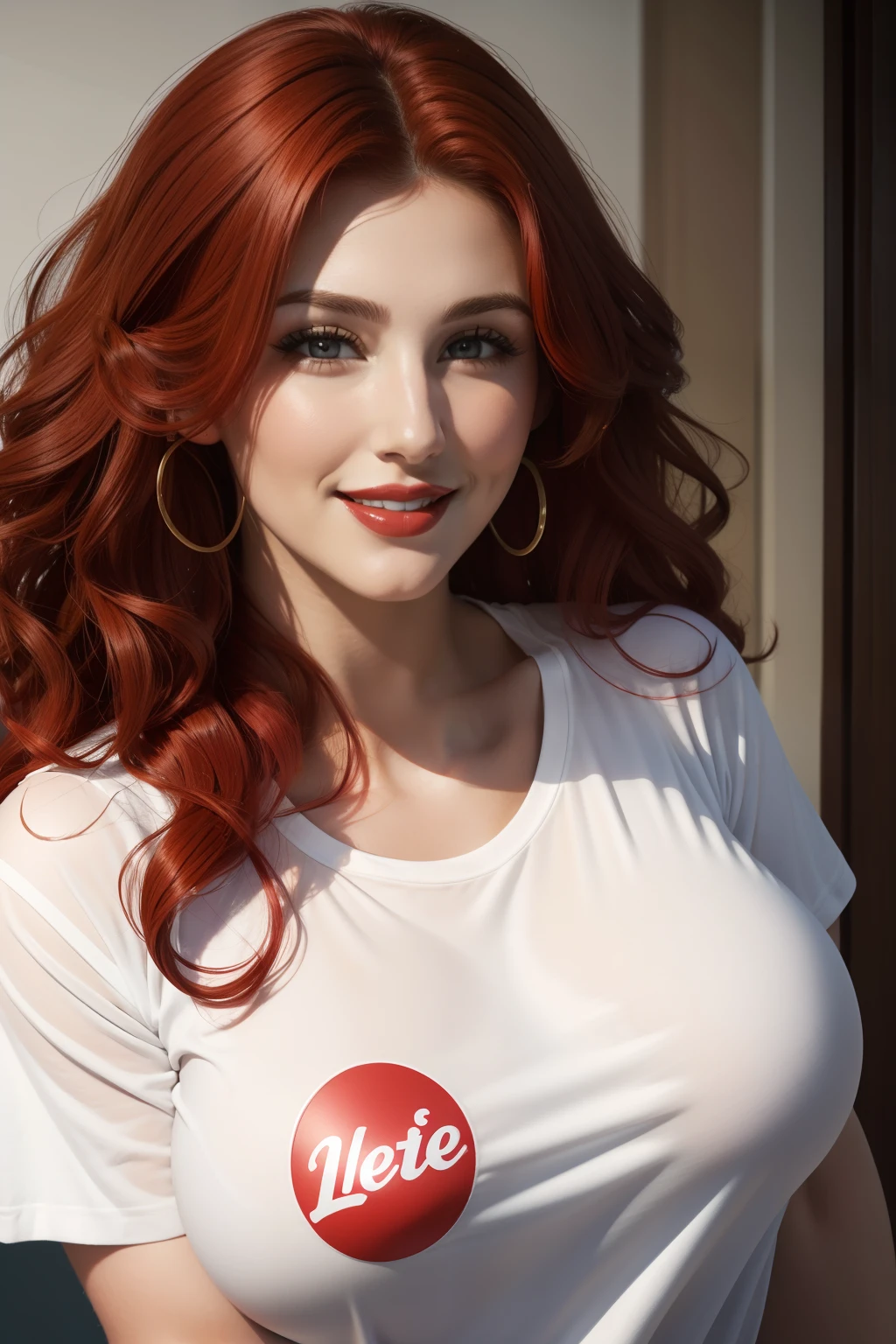 lucy pinder, face portrait, curly hair, red hair, red lipstick, smiling, white t-shirt, Voluptuous