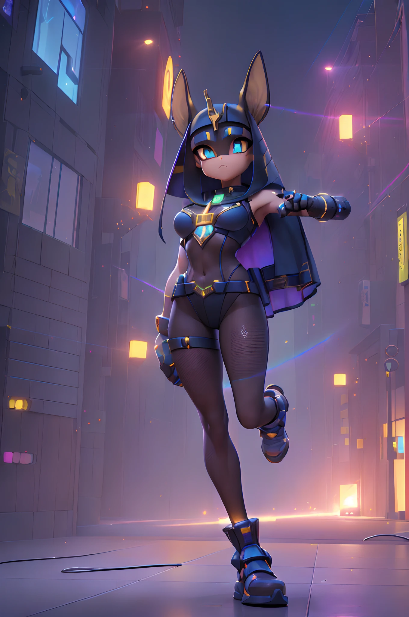 (Dynamic Angle:1.4), ((Full body posing:1.5), (Colorful:1.2), (Highly detailed CG Unity 16K wallpaper:1.1), (Denoising strength: 1.45), (tmasterpiece:1.37), ((Official art)), of the highest quality, (Realistic), Deformed Character, (Short-cut hair:1.2),(?????? Costume:1.5),Black hair,Glowing eyes,(blue eyess:1.2),((Poses in motion:1.4)),((?????? Costume:1.3)),wires, (LED:1.3), (a hologram:1.2), futuristic city street, Neon light, Skyscrapers, (Night:1.2), (Rainbow Model:1.2), 8K resolution, (Anime style:1.3), Cinematic lighting, chromatic abberation, spark of light, Ray tracing, blending, ultra wide-angle,  Hasselblad, (masutepiece), (masutepiece), ((Best Quality)), ((masutepiece)), nffsw