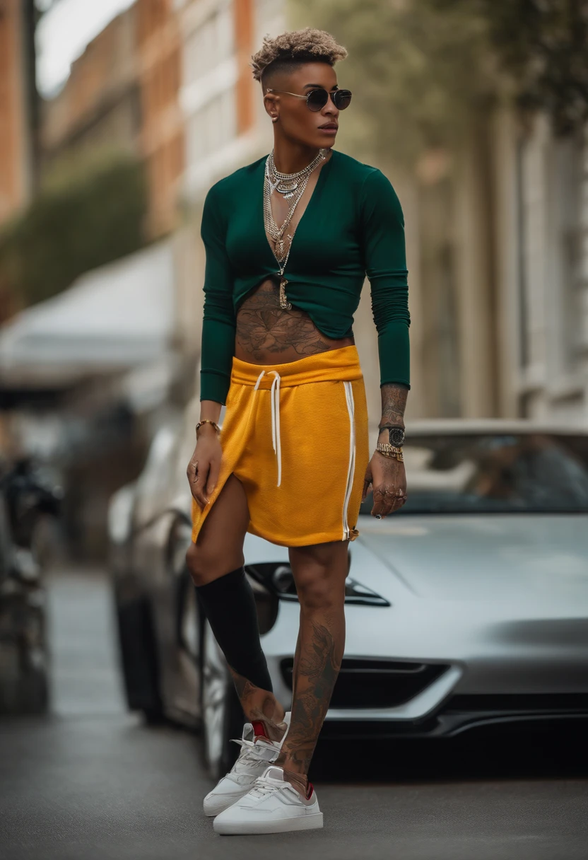 Garoto hiphoper na imagem, centralizado na imagem, He's fashionable, estiloso, is high, tem tatuagens, Her hair is short and masculine, com uma pose de raper, ultra realista em uma paisagem de pixacoes
