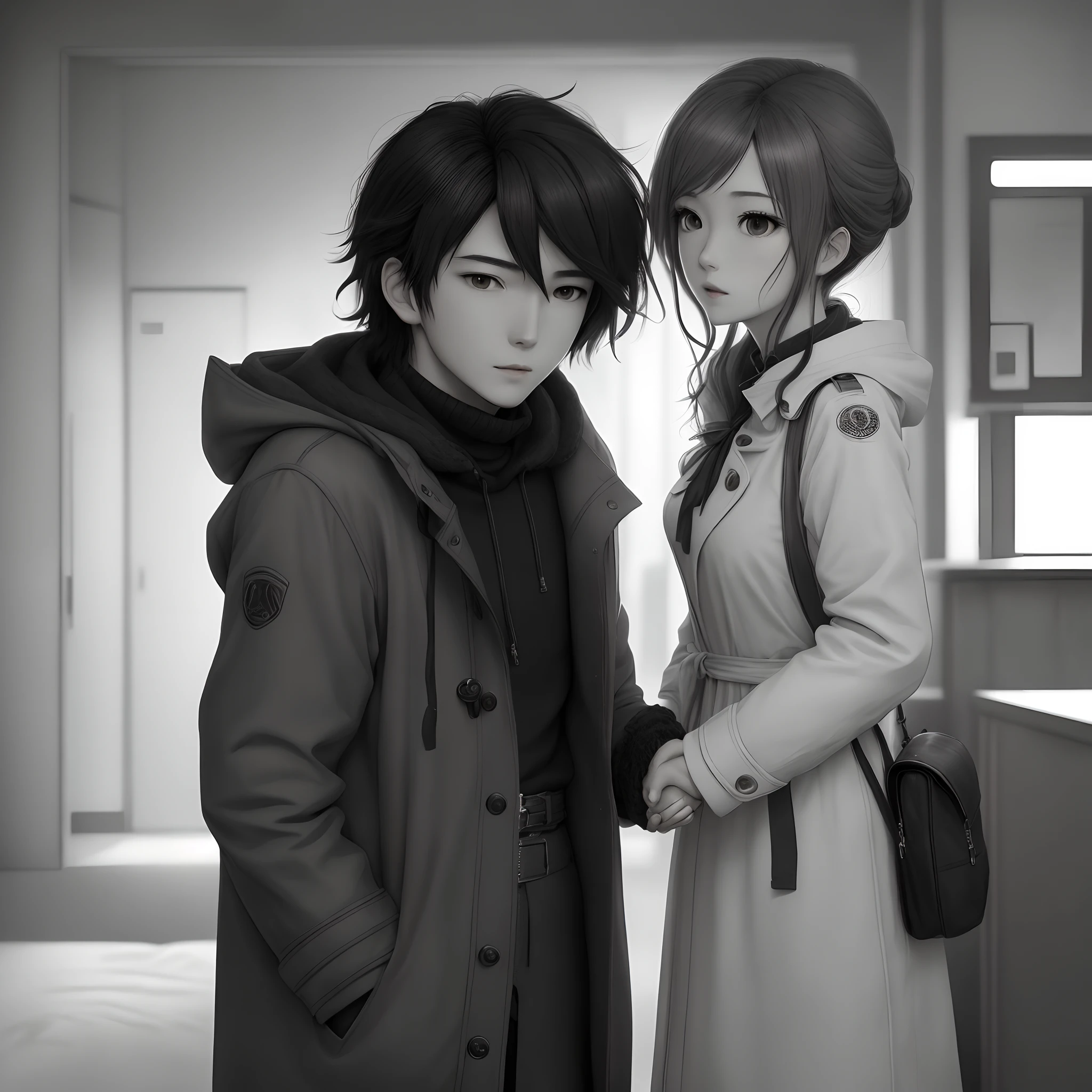 1girll,tmasterpiece,8k wallpaper,nffsw,Shaders,Details are in place,Works with excellent texture,I was holding hands,Warm color palette,lanthanum,Untie your coat,There are dynamics,Warm,black colored hair,The character is Yukino Yukinoshita,From anime《There's really something wrong with the love story of my youth》,Half realistic