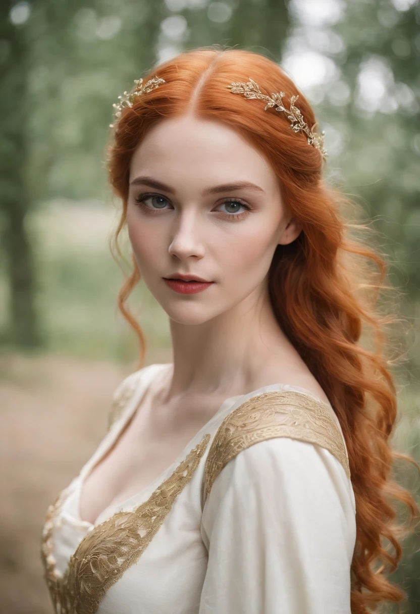 (((A godness of love medieval))) fair complexion, woman around 24 years old, orange hair, distinctive lue eyes, wearing a sexy white dress medieval with golden details, slender and graceful, beautiful, ultra sharp focus, realistic shot, medieval female, tetradic colors