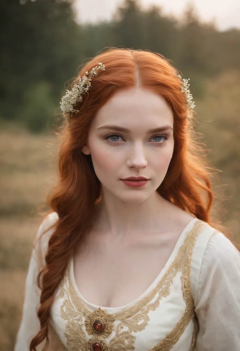 (((A godness of love medieval))) fair complexion, woman around 24 years old, orange hair, distinctive lue eyes, wearing a sexy white dress medieval with golden details, slender and graceful, beautiful, ultra sharp focus, realistic shot, medieval female, tetradic colors