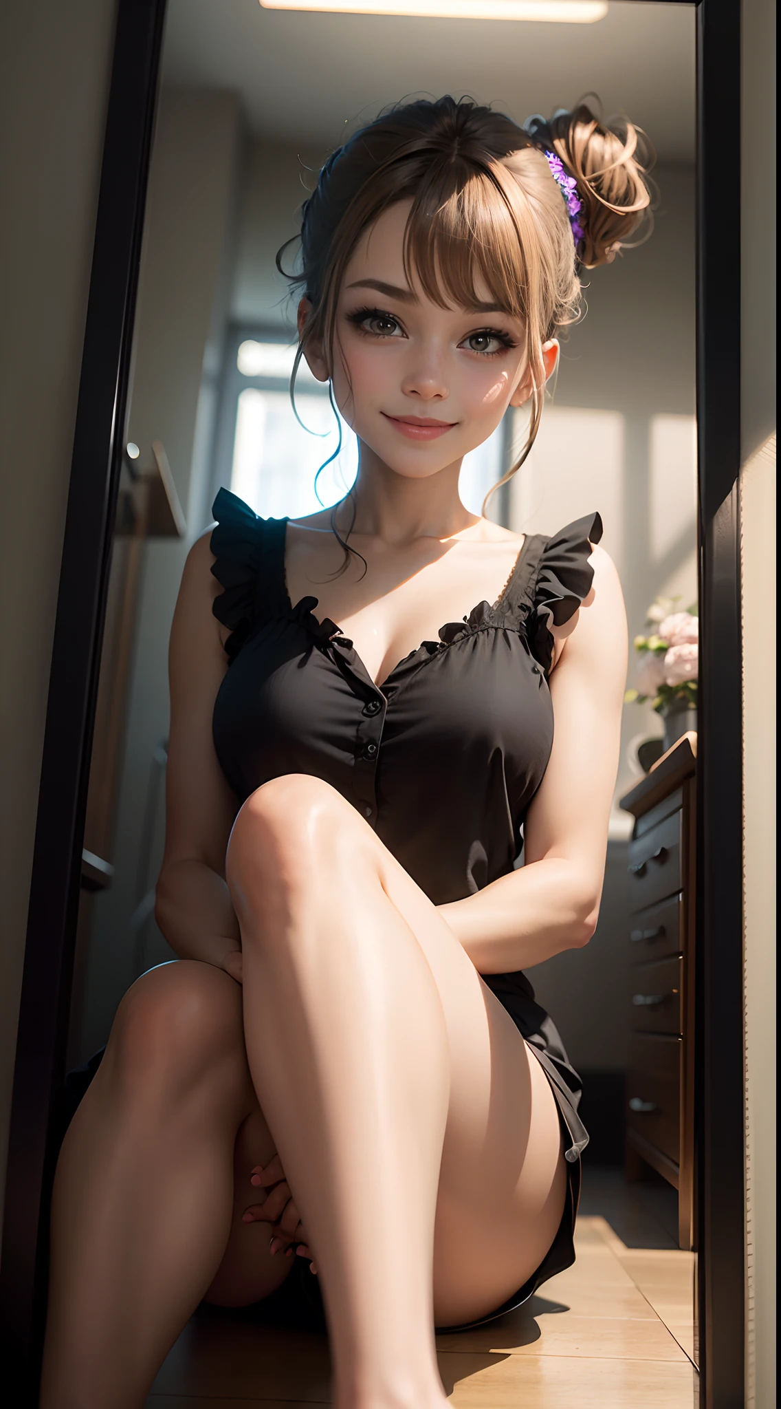 light brown hair, black hair, side ponytail, half updo, dilated pupils, smile, bright pupils, Surrealism, Futurism, Realism, depth of field, reflection light, backlighting, feet out of frame, first-person view, f/1.2, UHD, masterpiece, anatomically correct, textured skin, high details, high quality, 8k