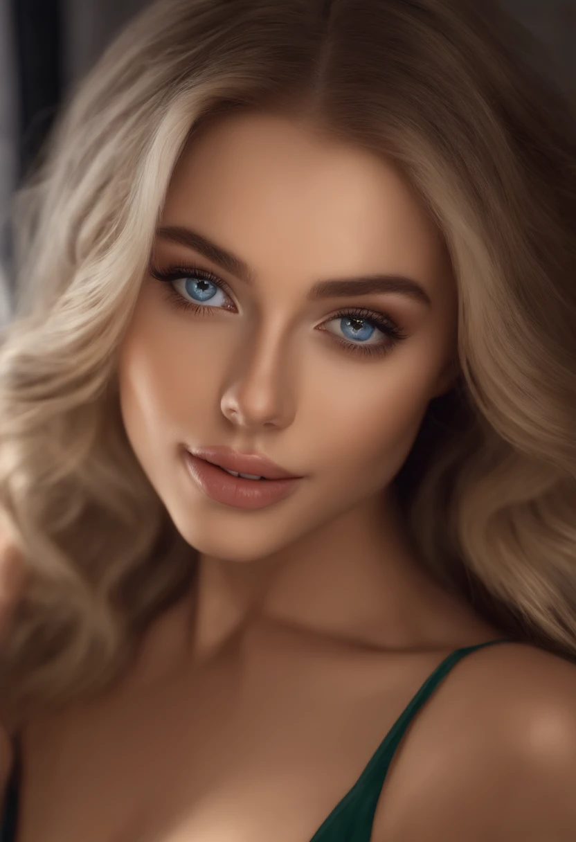 arafed woman fully , sexy girl with blue eyes, ultra realistic, meticulously detailed, portrait sophie mudd, blonde hair and large eyes, selfie of a young woman, bedroom eyes, violet myers, without makeup, natural makeup, looking directly at the camera, face with artgram, subtle makeup, stunning full body shot, kneeling on floor, in club, medium size bust, wearing short green dress