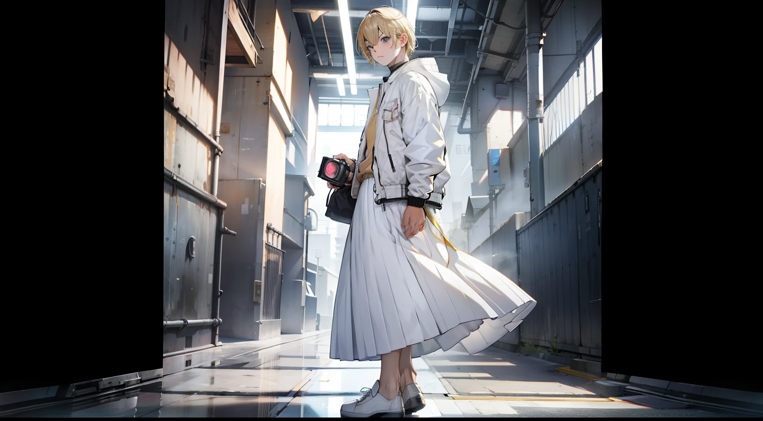 masterpiece, high quality, young boy, holding checked long skirt, digital camera, white jacket, blonde, facing forward, looking at camera, full body, center of screen