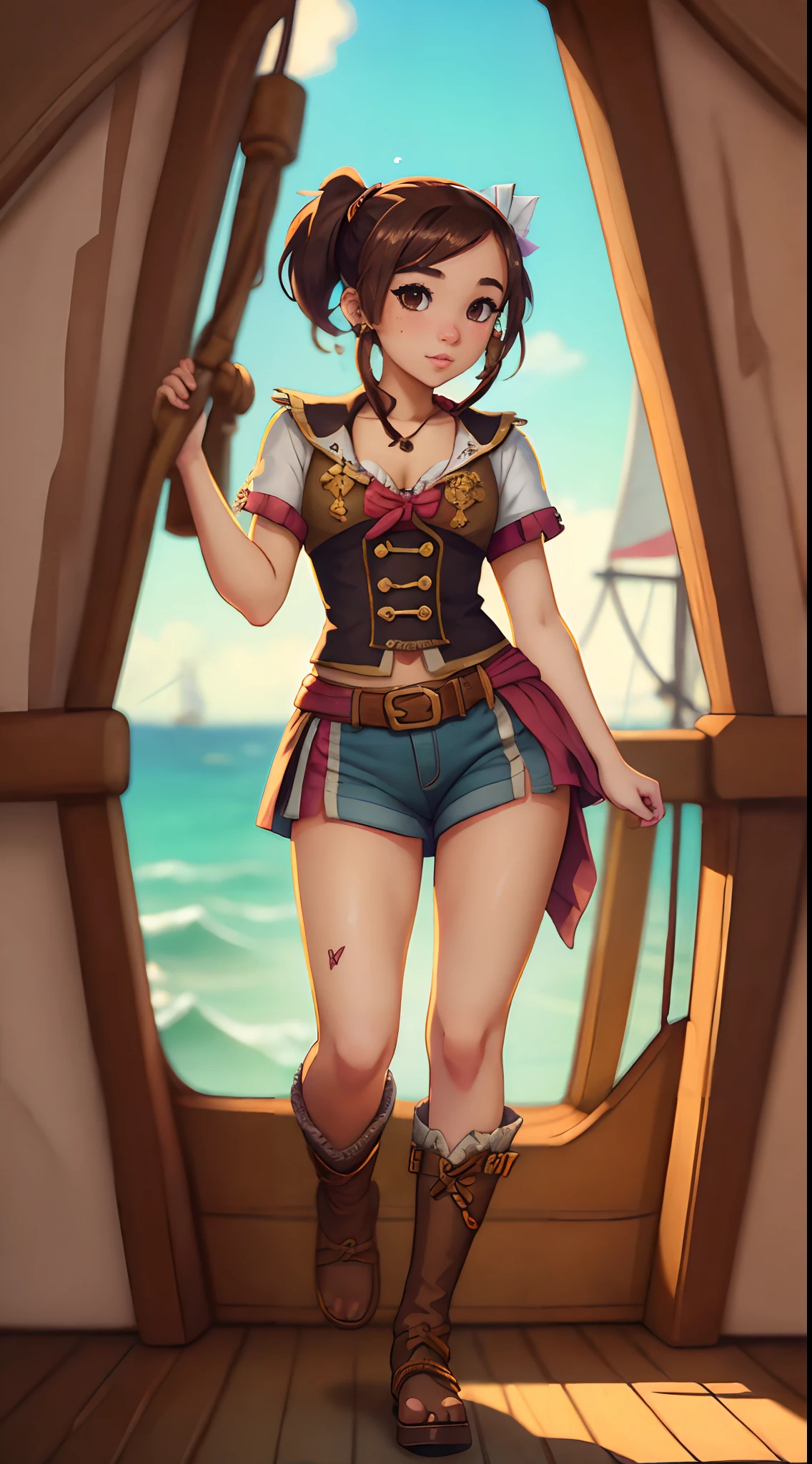 pirate clothes, ((18 year old)), award winning, ((highest quality)), (cute girl), ((Pirate adventure)), on a sailing ship, highest detail, masterpiece, ((hand drawn animation)), ((toon style)), ((style by personalami)), (Jaye Summers), brunette, as a pirate girl, brown hair, ponytail, full body, ((blurry background)), fine, realistic, shaded, lighting, ilya, kuvshinov, katsuhiro, artgerm, jeremy, lipkin, michael, garmash detailed, radiant, light, detailed, intricate, environment