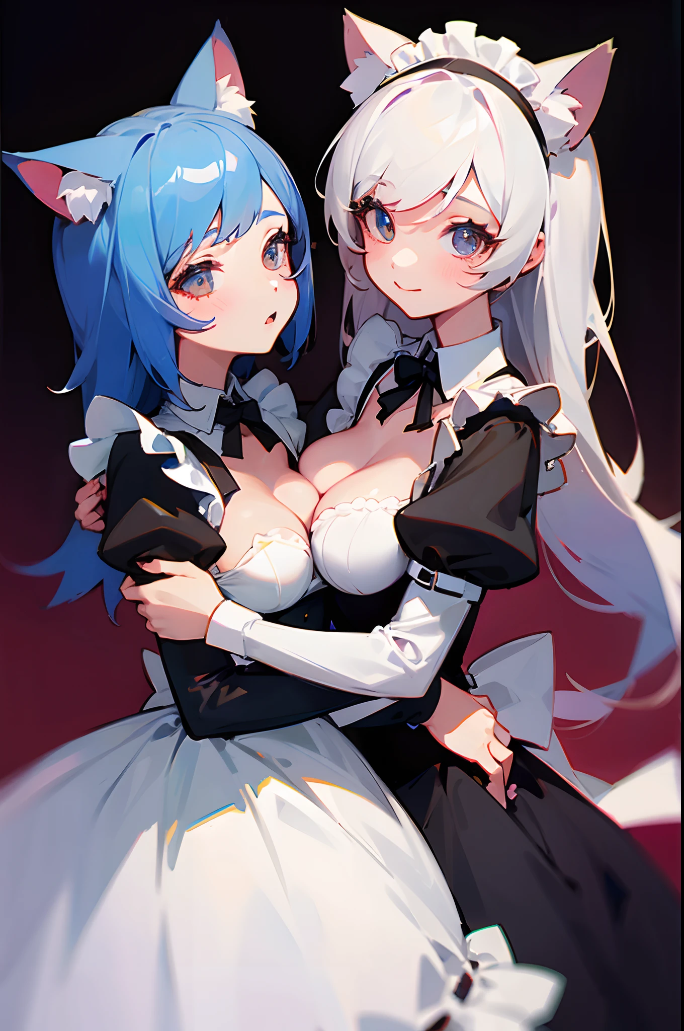 two girls, catgirl, cute, maid dress, breast envy, huge breasts, small breasts
