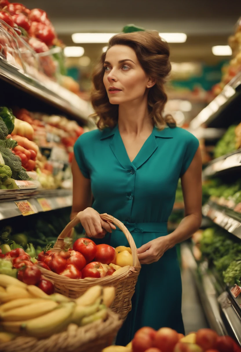 blonde woman short curly hair young, orange blouse and green skirt in a supermarket