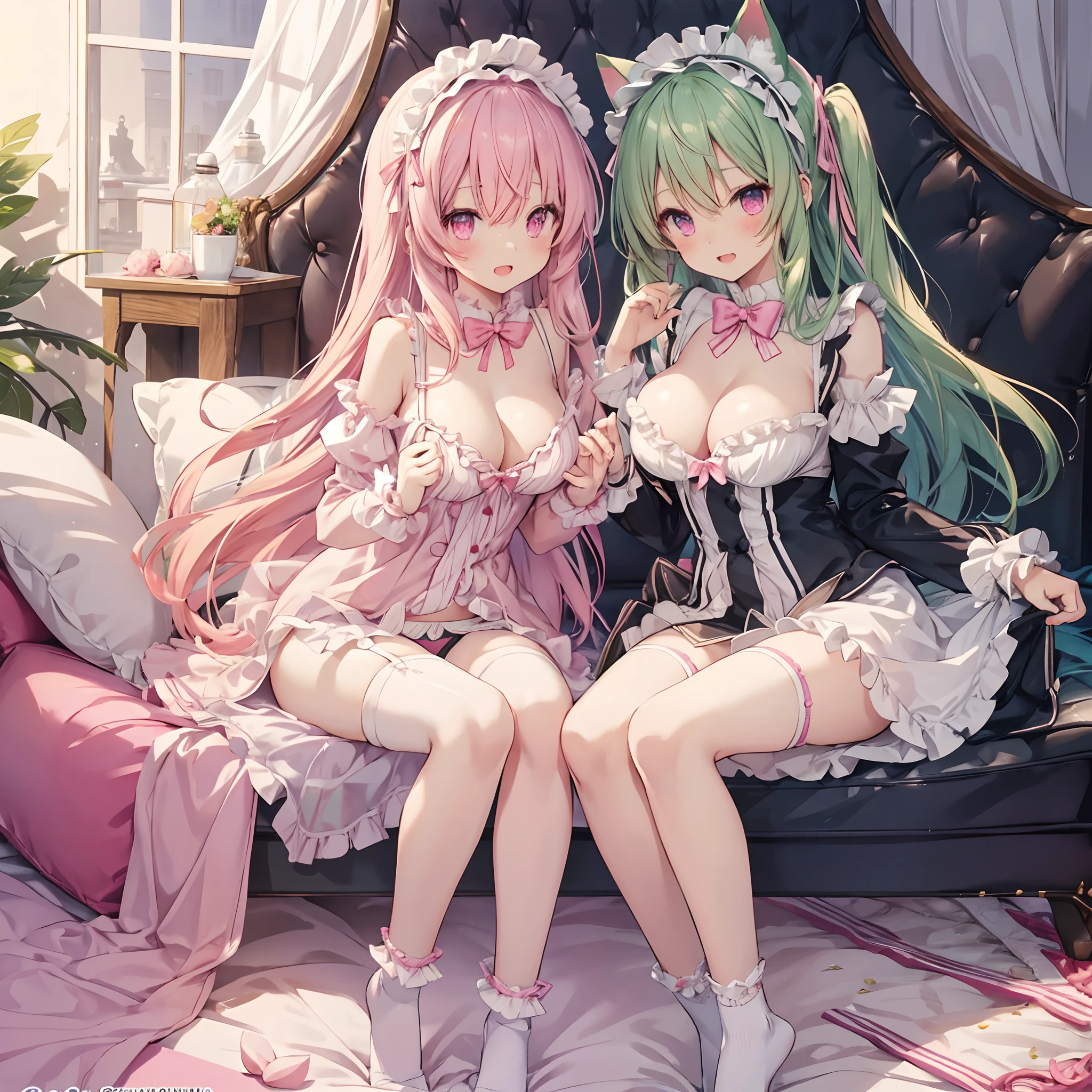 nffsw,Breasts squeezed together,Cooperative,breasts ,breast in 1,hetero,Striped panties,panties aside,((harems)),hetero,Green hair,Light pink hair,Pink ta Clothes,Striped socks,Striped panties,blushed face,Cat ears,Pink eyes,Smile with open mouth,Light blue Loliarter strap,Top image quality,Best Quality