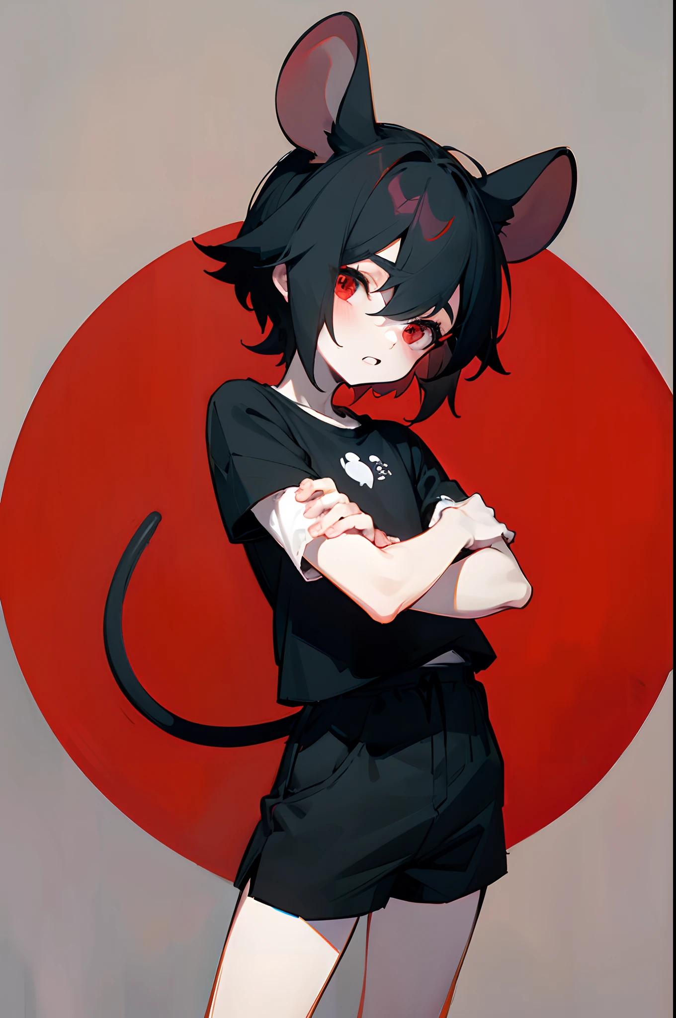 little boy, round circular mouse ears, mouse tail, pale skin, buck teeth, cute, black shirt, nervous, black hair, shy, sfw, black hair, grey shorts, ragged clothing, red eyes, boyish, cozy background, cozy, mousehole, chibi