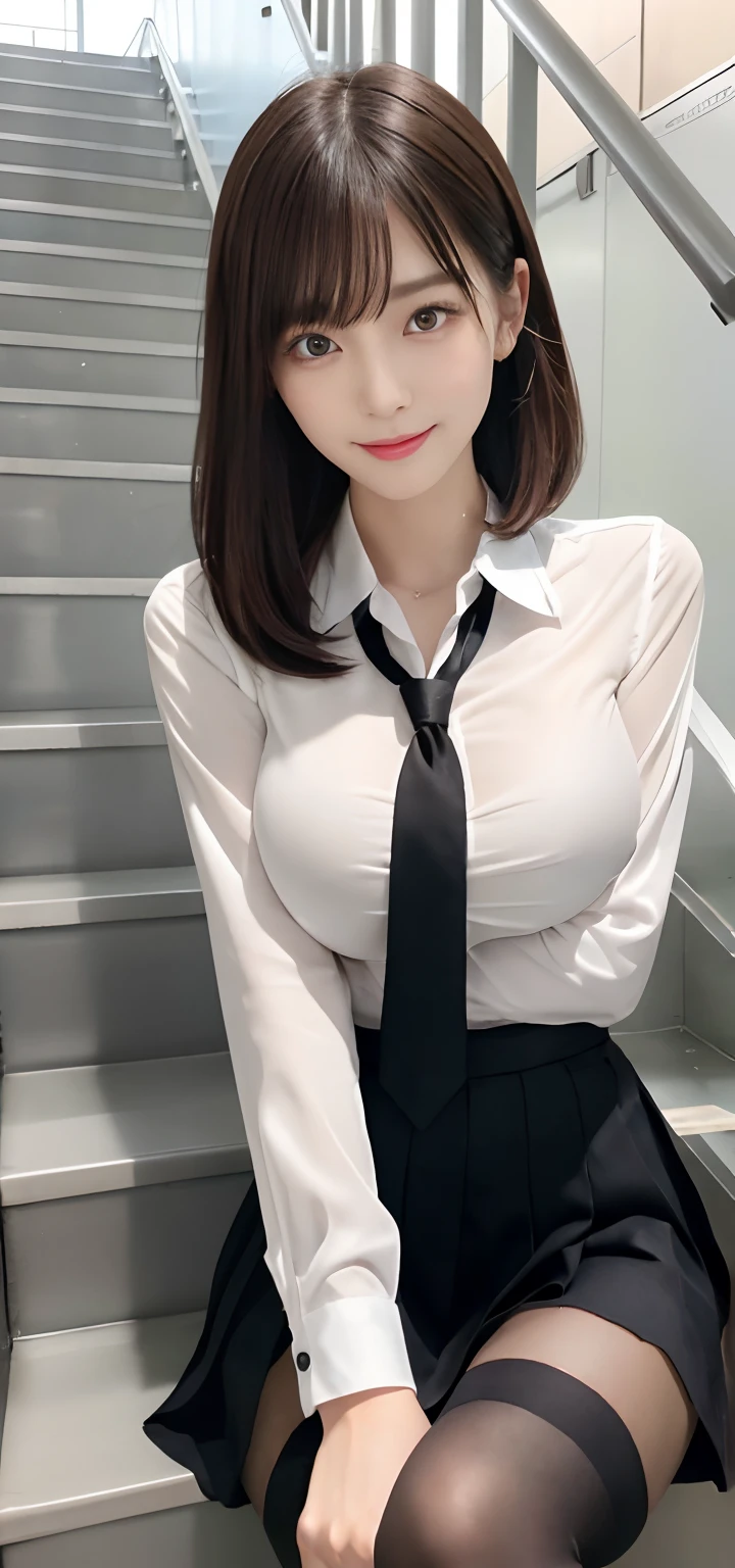 Korean School Uniform、Summer School Uniform Shirts、Tight shirt、Ribbon tie、skirt by the、Schools、stairs at school、Emphasize your chest with both arms、Slender big、8K raw photos、hight resolution、age:18 、japanes、Eye of the cut、very large round breasts、beautiful eyes finely detailed、long eyeslashes、Beautiful double eyelids、eye line、big eye、elongated eye shape、Sanpaku eyes、Beautiful and thin legs、Beautiful and thin thighs、Random Shorthair、a necklace、耳Nipple Ring、light brown hair、(Wearing black pantyhose)、The thighs are erotic、((Beautiful Large Breasts))、Bend your knees to touch、Staring at me、Tempting smile