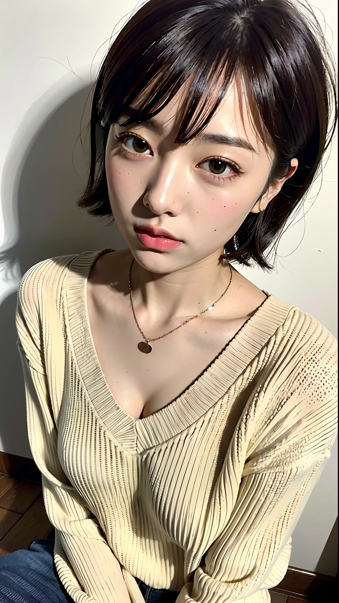 (Best Quality, 8k, 32k, Masterpiece, UHD: 1.2), Cute Japan Woman Pictures, Big Breasts, Very Short Bob Hair, Full Body, Face Focus, oversized_sweater, Necklace, Simple Background, From Above, Watch the Viewer,