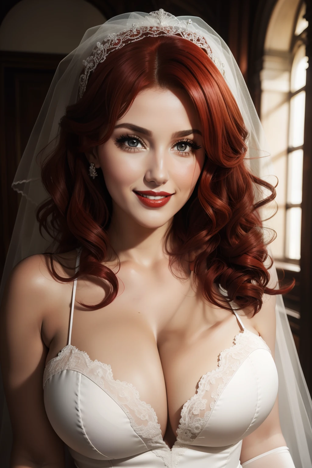 lucy pinder, face portrait, curly hair, red hair, red lipstick, smiling, Bride