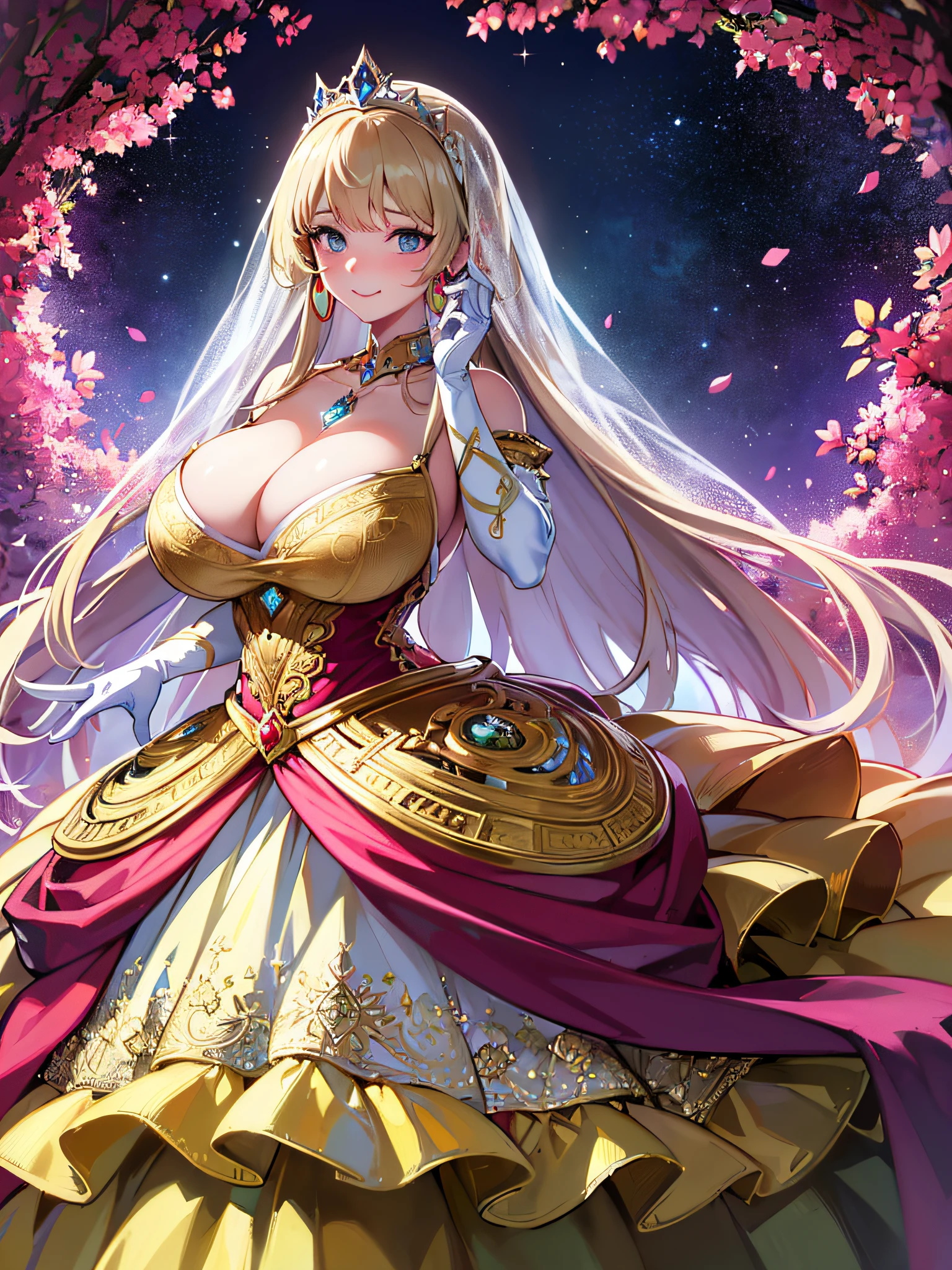 ((anime artstyle)),(Masterpiece),(Best Quality), (Super Detail),(Highly Detailed CG Unity 8k wallpaper),((Very Delicate and Beautiful)),1 girl,((full body portrait)),((standing in garden)),((solo)),(((1 princess in gorgeous embroidery and jeweled extremely gorgeous rococo princess ballgown with voluminous full length hoop skirt))),(((huge crinoline hoopskirt))),long train,((gorgeous embroidery and jeweled)),voluminous frills,See-through,(((extremely gigantic tits,skindentation))),cleavage,((absurdly Long Straight Hair,extremely voluminous Straight long Hair,absurdly Long Straight Hair)),(finely detailed face and eyes),((seductive smile,embarrassed)),clear pupil,extremely gorgeousfull hair ornament,(bling-bling jeweled extremely gorgeousfull tiara),((bling-bling gorgeous gemstone jewelry)),gorgeous long veil,((ultra long gloves)),(beautiful background),(full body),((gorgeous embroidery and jeweled extremely gorgeous rococo princess ballgown with voluminous full length hoop skirt))