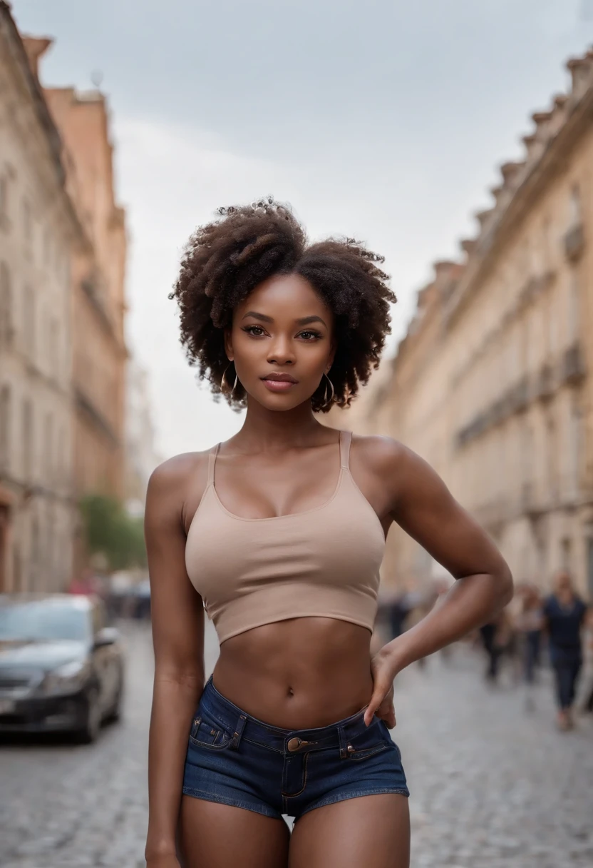 ((Dark African skin, Very deep ebony skin)), ((Its beauty is undeniable)), ((cute excited face)), ((Hyper detailed perfect eyes,)), ((pose mignonne)), ((Langue sortie)), ((Attirant )), sexy, (( Tight knit shirt, shorts courts sexy)), ((Afro curly African hair afro ponytail afro,)), (( peau)), ((debout, vue de dos )), ((toucher ses propres jambes dans une pose sexy)), ((dehors, Ville publique)), CGI ciblé, Fotorrealista, High detail, Realstic, Master part, Absurde, Best quality, Hdr, highly quality, high-definition, extremly detailed, 8k wallpaper, intricate high detail, 8K UHD, Full-HD, (photo realist:1.2), contraste, intense illumination, lighting cinematic, natural lighting, hard light, contre-jour, Illumination globale, occlusion ambiante, montre bien son cul, cul parfait