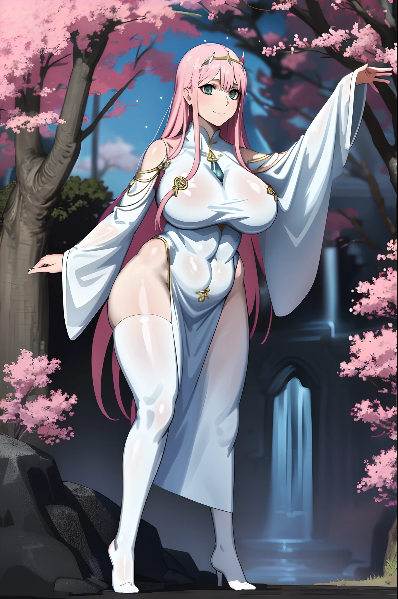 Zero Two, dress, sun halo, holy, smile, medium breast, priestess, full body, walking, divine aura, sun halo, solar halo, long skirt, porcelain skin, ethereal, graceful movement, flowing golden hair, radiant beauty, enchanting gaze, serene expression, soft sunlight, angelic presence, celestial atmosphere, mystical background, celestial light, glowing halo, gentle breeze, ethereal glow, captivating aura, divine radiance, natural beauty, sublime elegance, heavenly charm, peaceful countenance, harmonious surroundings, ethereal grace, mesmerizing presence, transcendent allure, magical serenity, serene and majestic, radiant happiness, heavenly enchantment, delicate features, elegant posture, celestial maiden, otherworldly presence, serene and ethereal, divine embodiment, celestial being, spiritual tranquility, mesmerizing beauty, ethereal goddess, radiant purity. Preparing SeaArt Bot Txt2Img Default 21:19:45, green eyes, white robe, large skirt, long skirt, longeyelashes, solid circle eyes, light smile, ear blush, fang, Surrealism, drop shadow, anaglyph, stereogram, tachi-e, pov, atmospheric perspective, 8k, super detail, ccurate, best quality, best quality, high quality, super detail, anatomically correct, retina, UHD, masterpiece, high details, award winning, highres, textured skin, ccurate, venus body,medieval clothing, dark atmosphere, ornate details, dim lighting, dramatic shadows, mysterious aura, intricate lace patterns, porcelain skin, bewitching gaze, elegant posture, majestic presence, flowing silhouette, gothic architecture, candlelit hauntingly beautiful, enchanting presence, ethereal ambiance, alluring expression, intense sensuality, exquisite jewelry, supernatural allure, captivating aura, sensual curves, full body, boots, happy, smile, boots, standing pose, black cape