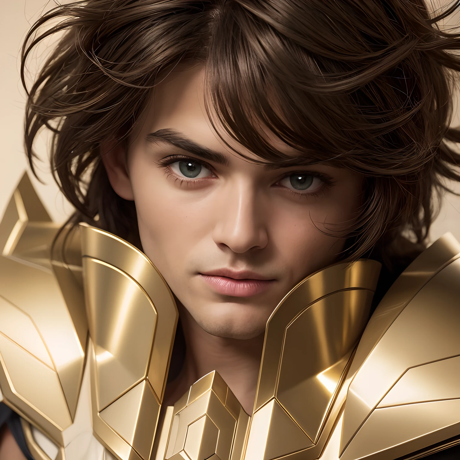 cinemactic, incrivelmente detalhado e ultrarrealista, Sagitairus aiolos de Saint Seiya. Close up. He's wearing pretty realistic golden armor. Armadura dourada brilhante. Octane is the perfect tool to capture the softest details of this 16k photography masterpiece. He is a handsome white man about 40 years old. 1homen. beautiful face. Rosto detalhado. Nariz bonito. (Olhos verdes muito grandes). olhos perfeitos. ((depilado)). ele tem cabelos castanhos. cabelos curtos com franja. messy hair. Bandana vermelha. masculine traits.