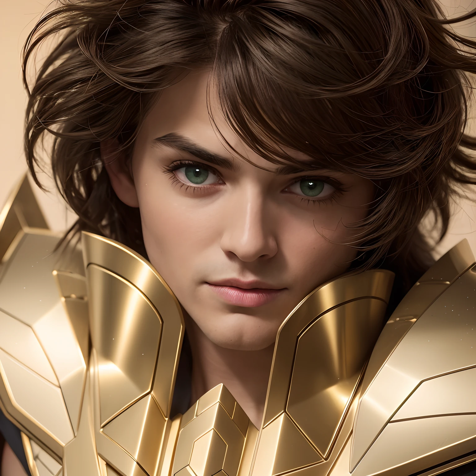 cinemactic, incrivelmente detalhado e ultrarrealista, Sagitairus aiolos de Saint Seiya. Close up. He's wearing pretty realistic golden armor. Armadura dourada brilhante. Octane is the perfect tool to capture the softest details of this 16k photography masterpiece. He is a handsome white man about 40 years old. 1homen. beautiful face. Rosto detalhado. Nariz bonito. (Olhos verdes muito grandes). olhos perfeitos. ((depilado)). ele tem cabelos castanhos. cabelos curtos com franja. messy hair. Bandana vermelha. masculine traits.