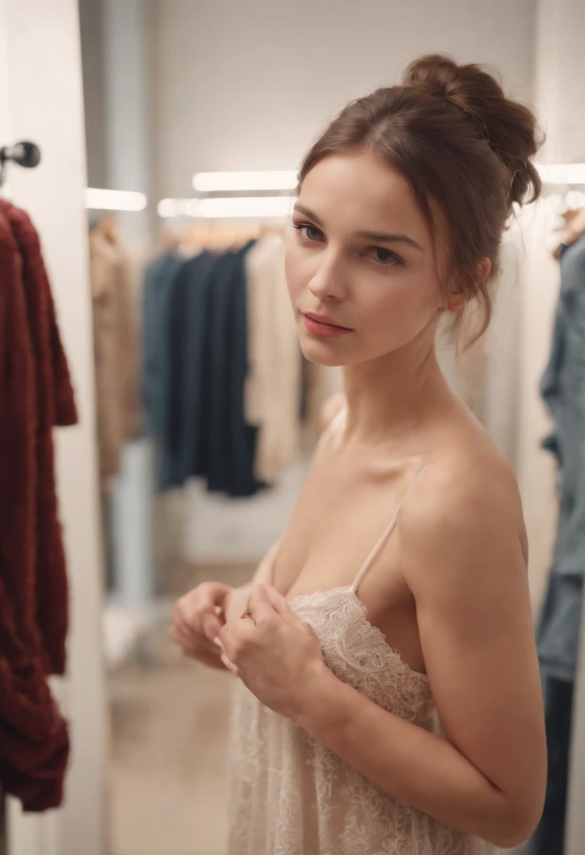 Cute girl in changing room trying on new clothes naked