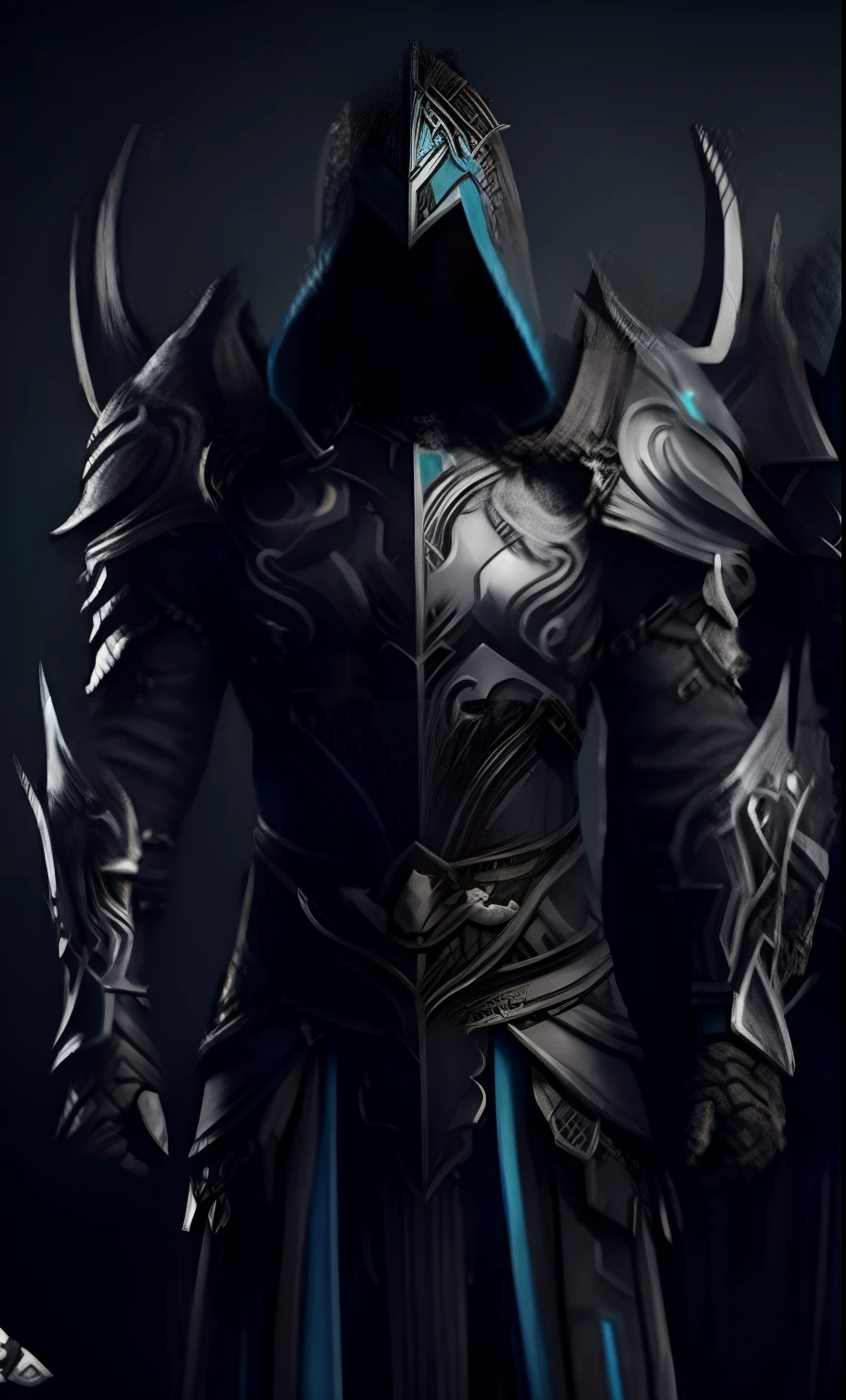 um close up de uma pessoa em um traje preto com um capuz, armadura escura, Armadura do mundo de Warcraft, armadura preta afiada, armadura de sombra, armadura preta, demon armor, Epic armor, intrincada armadura assasin, armadura impressionante, armadura bonita, armadura de fantasia, pale black armor, usando armadura preta, armadura preta afiada, epic paladin armor, cavaleiro da morte