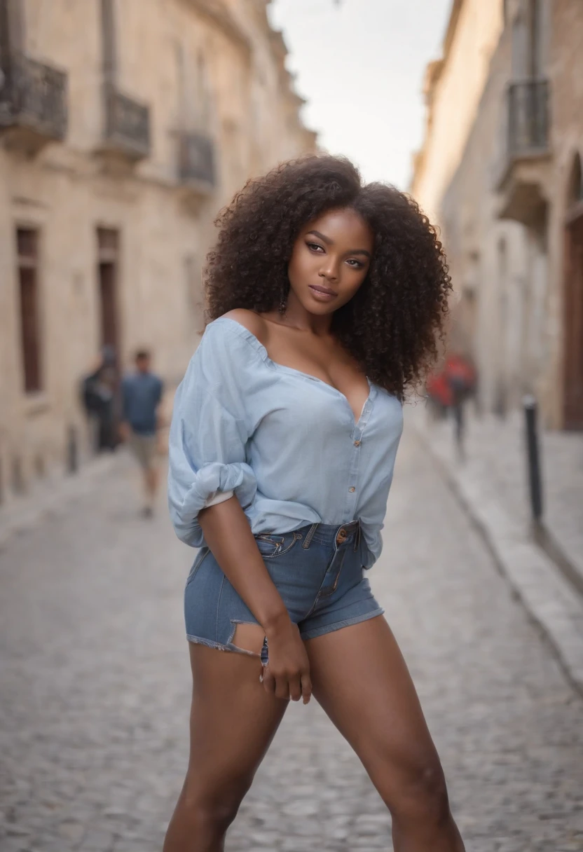 ((Dark African skin, Very deep ebony skin)), ((Its beauty is undeniable)), ((cute excited face)), ((Hyper detailed perfect eyes,)), ((pose mignonne)), ((Langue sortie)), ((Attirant )), sexy, (( Tight knit shirt, shorts courts sexy)), ((Afro curly African hair afro ponytail afro,)), (( peau)), ((debout, vue de dos )), ((toucher ses propres jambes dans une pose sexy)), (( montre bien son cul)), ((dehors, Ville publique)), CGI ciblé, Fotorrealista, High detail, Realstic, Master part, Absurde, Best quality, Hdr, highly quality, high-definition, extremly detailed, 8k wallpaper, intricate high detail, 8K UHD, Full-HD, (photo realist:1.2), contraste, intense illumination, lighting cinematic, natural lighting, hard light, contre-jour, Illumination globale, occlusion ambiante, montre bien son cul, cul parfait,