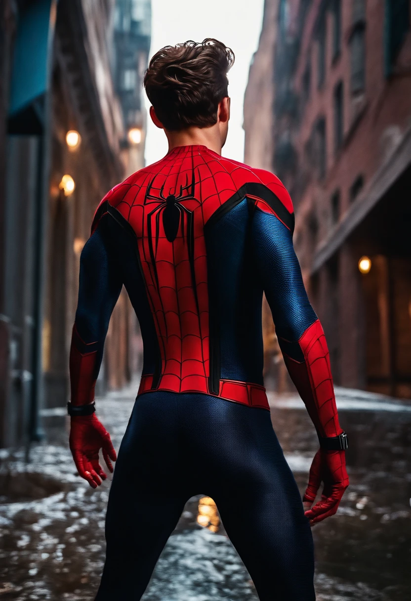 Tom Holland as spider man with ass showing and Dick showing from behind with cum leaking