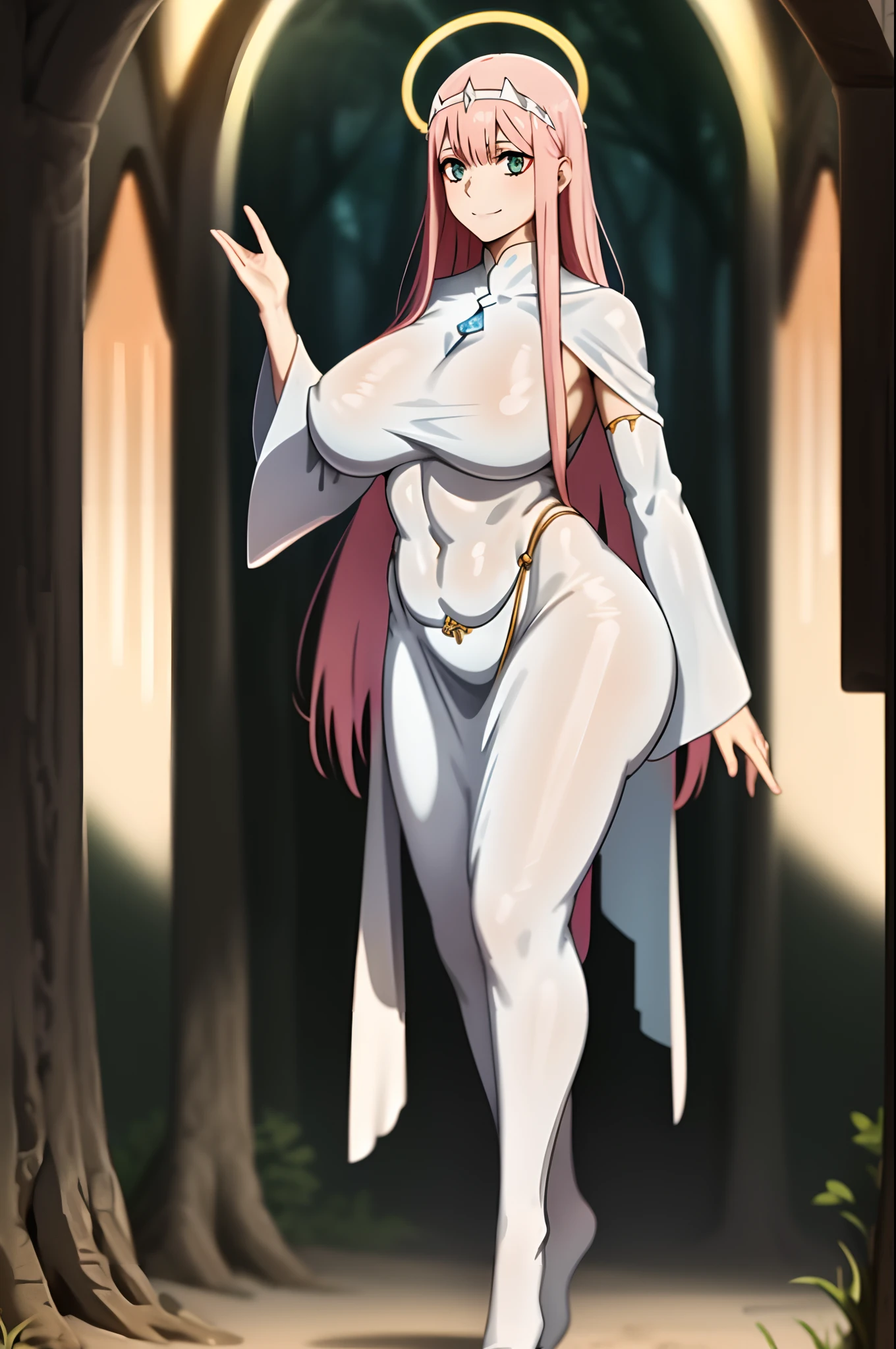 Zero Two, dress, sun halo, holy, smile, medium breast, priestess, full body, walking, divine aura, sun halo, solar halo, long skirt, porcelain skin, ethereal, graceful movement, flowing golden hair, radiant beauty, enchanting gaze, serene expression, soft sunlight, angelic presence, celestial atmosphere, mystical background, celestial light, glowing halo, gentle breeze, ethereal glow, captivating aura, divine radiance, natural beauty, sublime elegance, heavenly charm, peaceful countenance, harmonious surroundings, ethereal grace, mesmerizing presence, transcendent allure, magical serenity, serene and majestic, radiant happiness, heavenly enchantment, delicate features, elegant posture, celestial maiden, otherworldly presence, serene and ethereal, divine embodiment, celestial being, spiritual tranquility, mesmerizing beauty, ethereal goddess, radiant purity. Preparing SeaArt Bot Txt2Img Default 21:19:45, green eyes, white robe, large skirt, long skirt, longeyelashes, solid circle eyes, light smile, ear blush, fang, Surrealism, drop shadow, anaglyph, stereogram, tachi-e, pov, atmospheric perspective, 8k, super detail, ccurate, best quality, best quality, high quality, super detail, anatomically correct, retina, UHD, masterpiece, high details, award winning, highres, textured skin, ccurate, venus body,medieval clothing, dark atmosphere, ornate details, dim lighting, dramatic shadows, mysterious aura, intricate lace patterns, porcelain skin, bewitching gaze, elegant posture, majestic presence, flowing silhouette, gothic architecture, candlelit hauntingly beautiful, enchanting presence, ethereal ambiance, alluring expression, intense sensuality, exquisite jewelry, supernatural allure, captivating aura, sensual curves, full body, boots, happy, smile, boots, standing pose, black cape