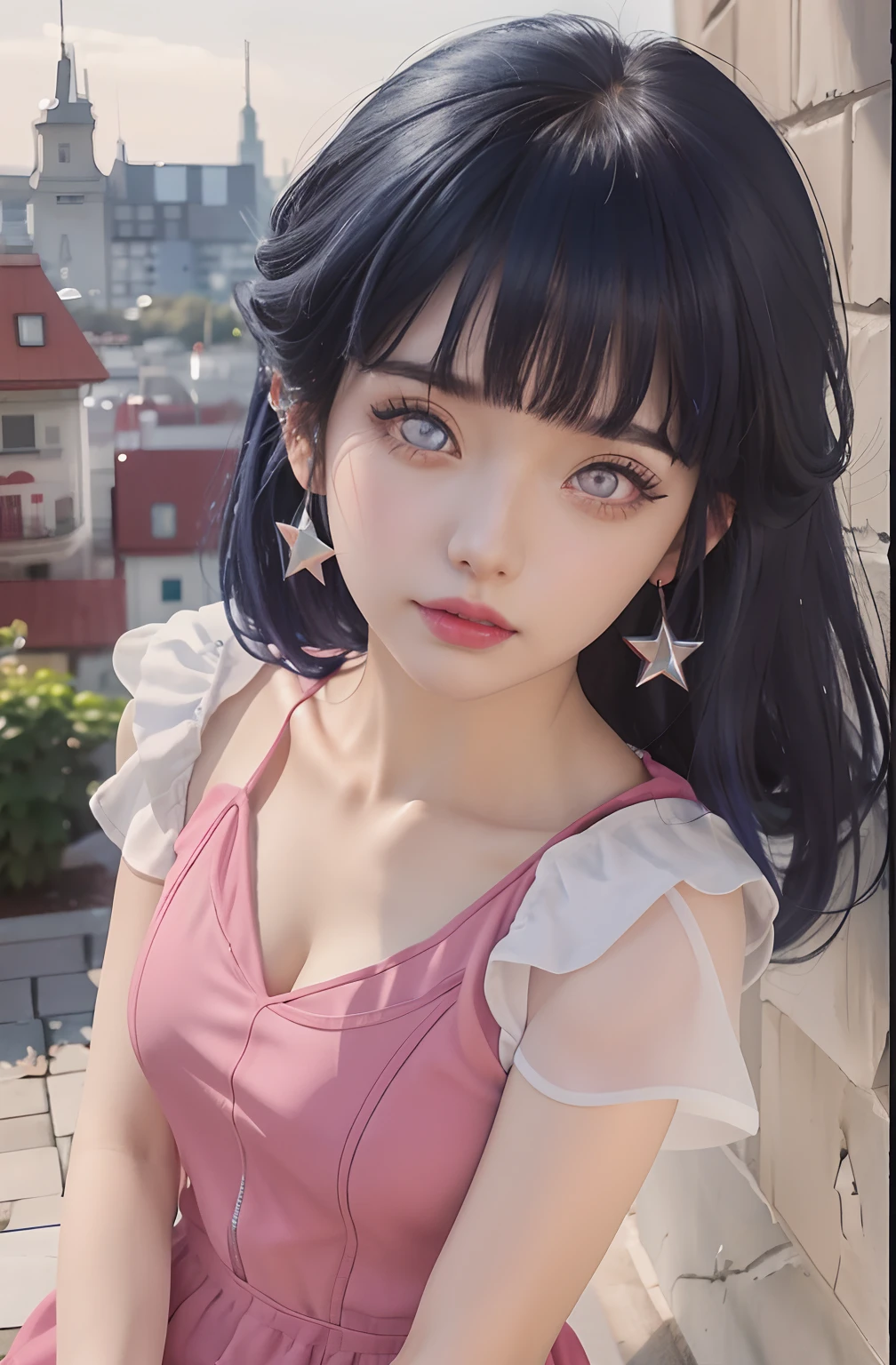 a close up of a person with long hair and a hoodie, hinata hyuga, hinata hyuga from naruto, from naruto, as an anime character, perfect anime face, she has dark blue hair with bangs, female anime character, anime character, anime best girl, hime cut hairstyle, dark blue hair, (red glossy lips:1.3), light purple eyes, big breasts, realistic, ultra detail, indoor background