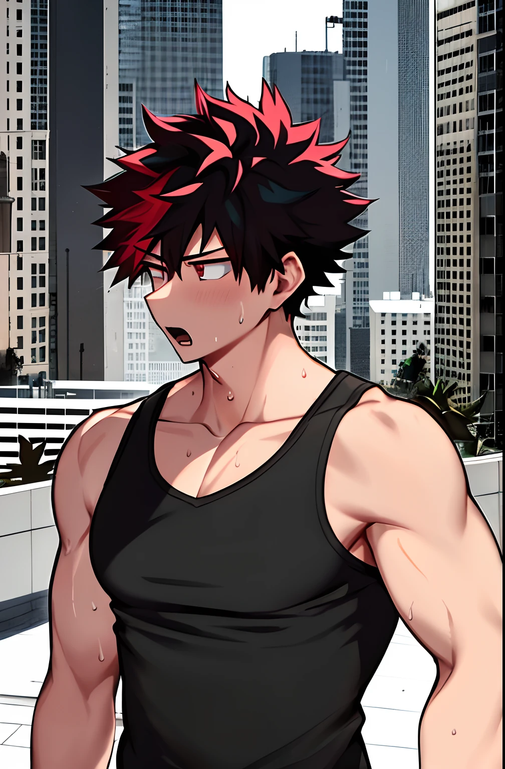 horikoshi kouhei, 1boy, absurdres, bare shoulders, black tank top, red and white hair, Cityscape background, boku no hero academia, chama kou, highres, looking away, male focus, muscular, muscular male, open mouth, red eyes, long hair, Fluffy hair, sweat, tank top, twitter username, wiping sweat,