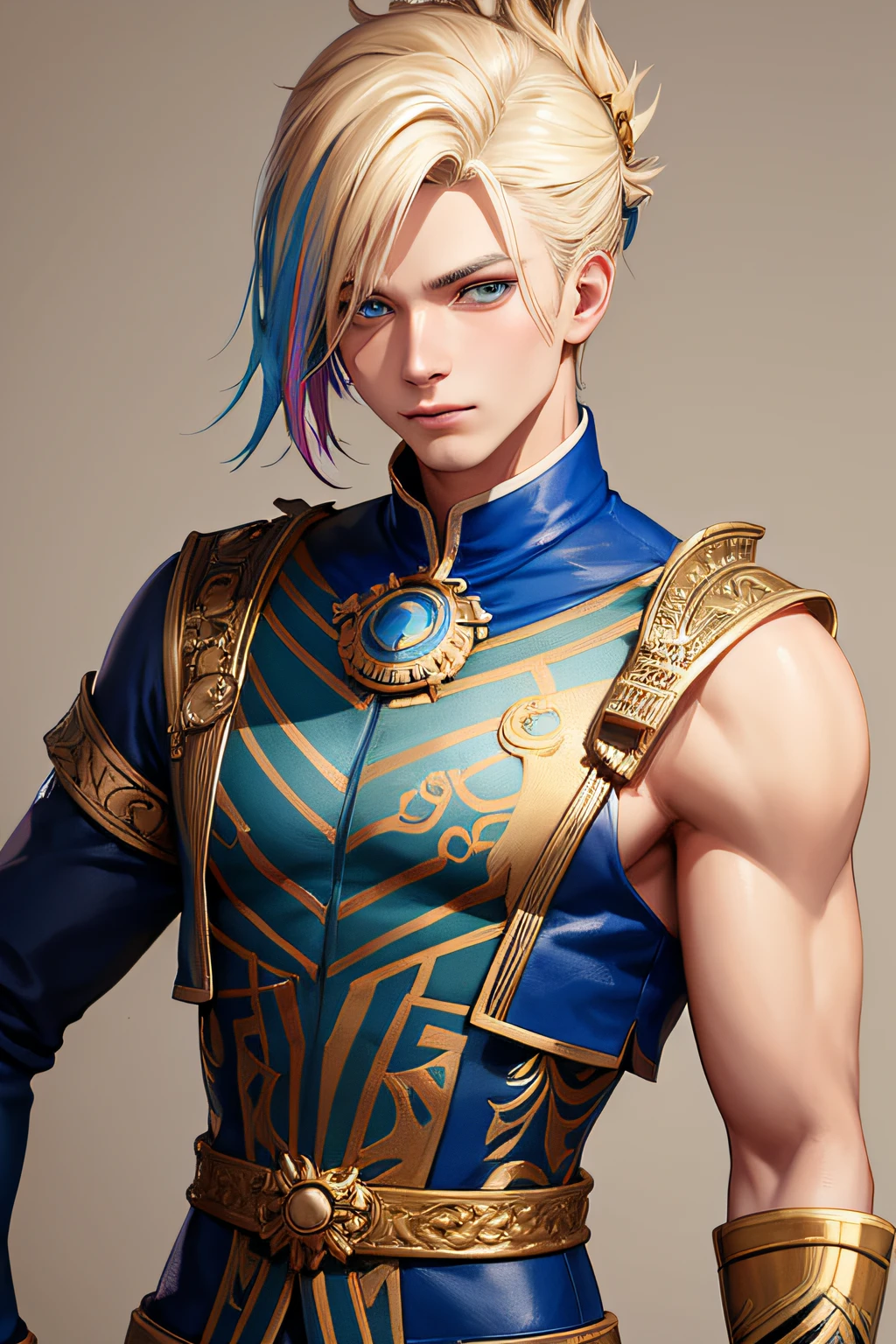 jeune homme blond aux yeux bleus, colorful hair, face camera , plan visage, style manga,Instaport Style, dans l'Egypte, style pharaon ,dynamique, highly detailed, ArtStation, Art conceptuel, lisse, mise au point nette, illustration, CGSociety trends, complexe, epic, Tendances dans ArtStation, par artgerm, h. r. GigerVery detailed, production cinematic character render, ,style hybride 2D/3D,