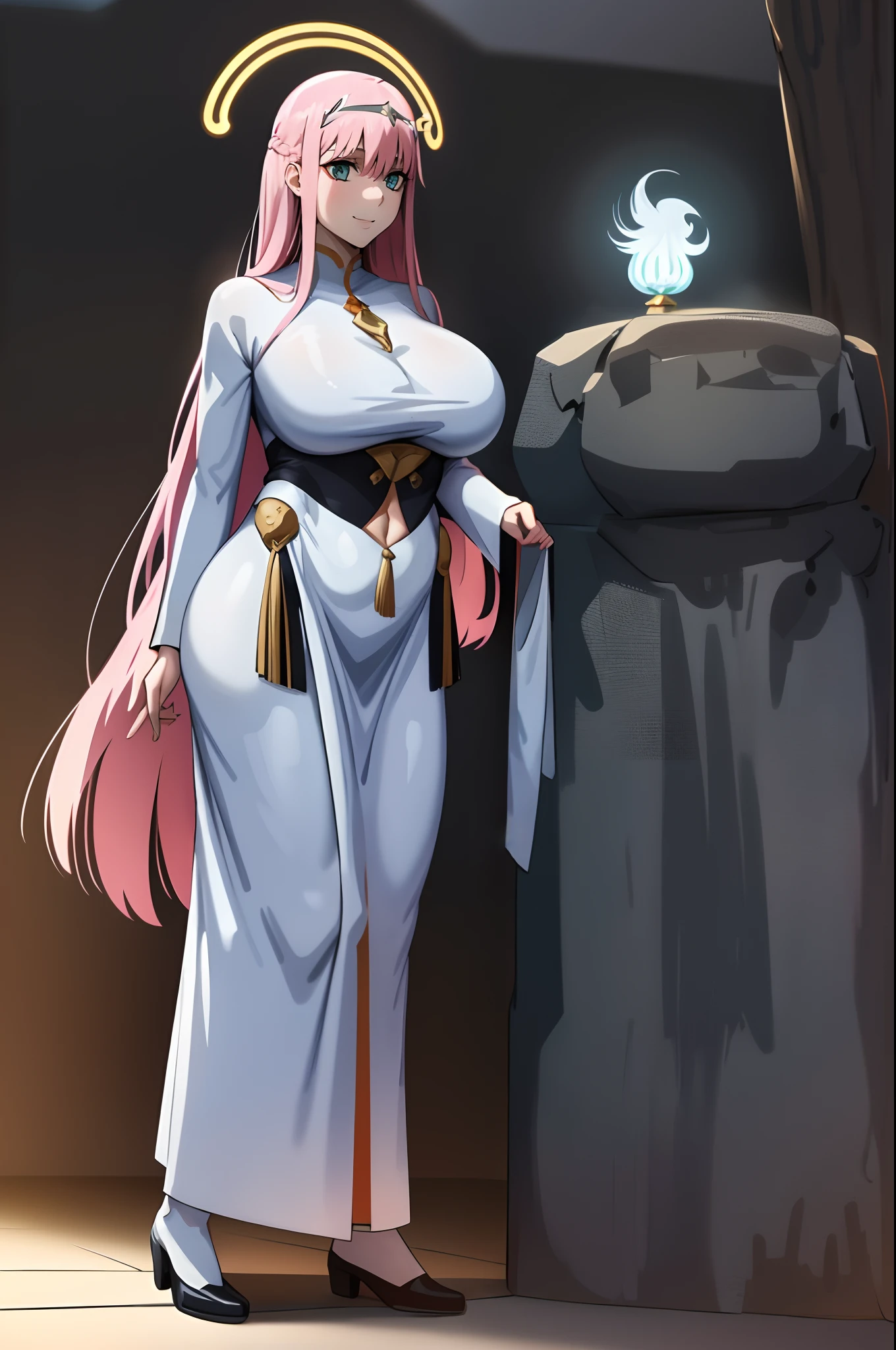 Zero Two, dress, sun halo, holy, smile, medium breast, priestess, full body, walking, divine aura, sun halo, solar halo, long skirt, porcelain skin, ethereal, graceful movement, flowing golden hair, radiant beauty, enchanting gaze, serene expression, soft sunlight, angelic presence, celestial atmosphere, mystical background, celestial light, glowing halo, gentle breeze, ethereal glow, captivating aura, divine radiance, natural beauty, sublime elegance, heavenly charm, peaceful countenance, harmonious surroundings, ethereal grace, mesmerizing presence, transcendent allure, magical serenity, serene and majestic, radiant happiness, heavenly enchantment, delicate features, elegant posture, celestial maiden, otherworldly presence, serene and ethereal, divine embodiment, celestial being, spiritual tranquility, mesmerizing beauty, ethereal goddess, radiant purity. Preparing SeaArt Bot Txt2Img Default 21:19:45, green eyes, white robe, large skirt, long skirt, longeyelashes, solid circle eyes, light smile, ear blush, fang, Surrealism, drop shadow, anaglyph, stereogram, tachi-e, pov, atmospheric perspective, 8k, super detail, ccurate, best quality, best quality, high quality, super detail, anatomically correct, retina, UHD, masterpiece, high details, award winning, highres, textured skin, ccurate, venus body,medieval clothing, dark atmosphere, ornate details, dim lighting, dramatic shadows, mysterious aura, intricate lace patterns, porcelain skin, bewitching gaze, elegant posture, majestic presence, flowing silhouette, gothic architecture, candlelit hauntingly beautiful, enchanting presence, ethereal ambiance, alluring expression, intense sensuality, exquisite jewelry, supernatural allure, captivating aura, sensual curves, full body, boots, happy, smile, boots, standing pose, black cape