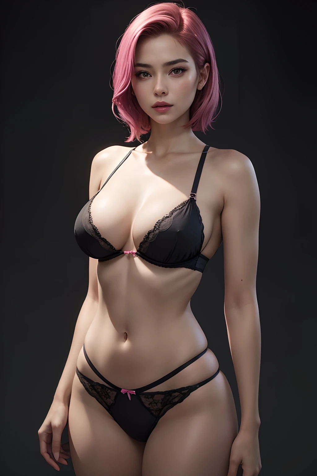 beautiful realistic young lingerie model with ((natural big boobs)), pink hair, cinematic lighting, face and body focused, black background (masterpiece: 1.5) (photorealistic: 1.1) (8k) (HDR) (cinematic lighting) shinny skin