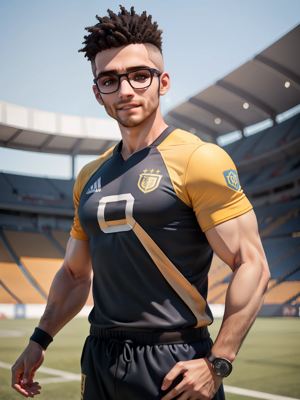 (obra-prima), (melhor qualidade), (ultra-detalhado), (corpo inteiro: 1.2) adolescente, masculino, athletic body eyeglass, leve e detalhado, sorriso claro, corpo inteiro, :3, cabelo preto, curto moicano , moicano, pavimento, moderno, modern accessories, football stadium background, colorido e simples, usando uma camisa de futebol preta com amarelo, camisa grande camisa fogada, camisa tamho gg.