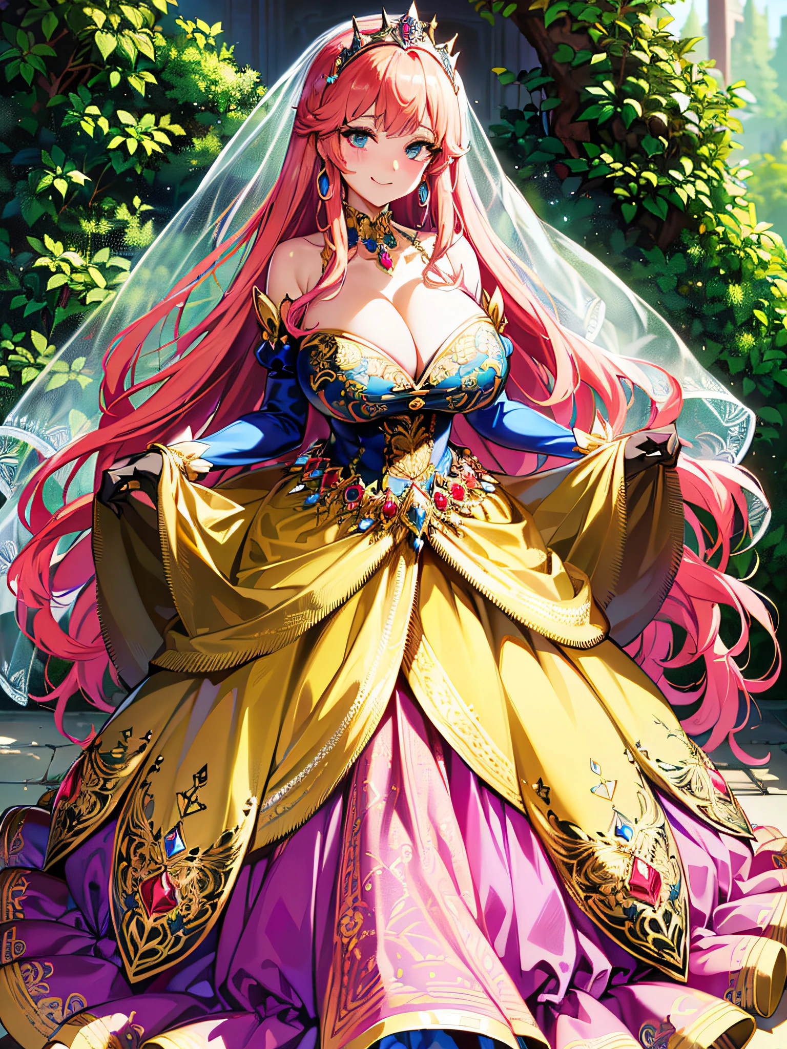 ((anime artstyle)),(Masterpiece),(Best Quality), (Super Detail),(Highly Detailed CG Unity 8k wallpaper),((Very Delicate and Beautiful)),1 lady,((full body portrait)),((standing in garden)),((solo)),(((1 princess in gorgeous embroidery and jeweled extremely gorgeous rococo princess ballgown with voluminous full length hoop skirt))),(((huge crinoline hoopskirt))),long train,((gorgeous embroidery and jeweled)),voluminous frills,See-through,(((extremely gigantic tits,skindentation))),cleavage,((absurdly Long Straight Hair,extremely voluminous Straight long Hair,absurdly Long Straight Hair)),(finely detailed face and eyes),((seductive smile,embarrassed)),clear pupil,extremely gorgeousfull hair ornament,(bling-bling jeweled extremely gorgeousfull tiara),((bling-bling gorgeous gemstone jewelry)),gorgeous long veil,((ultra long gloves)),(beautiful background),(full body),((gorgeous embroidery and jeweled extremely gorgeous rococo princess ballgown with voluminous full length hoop skirt))