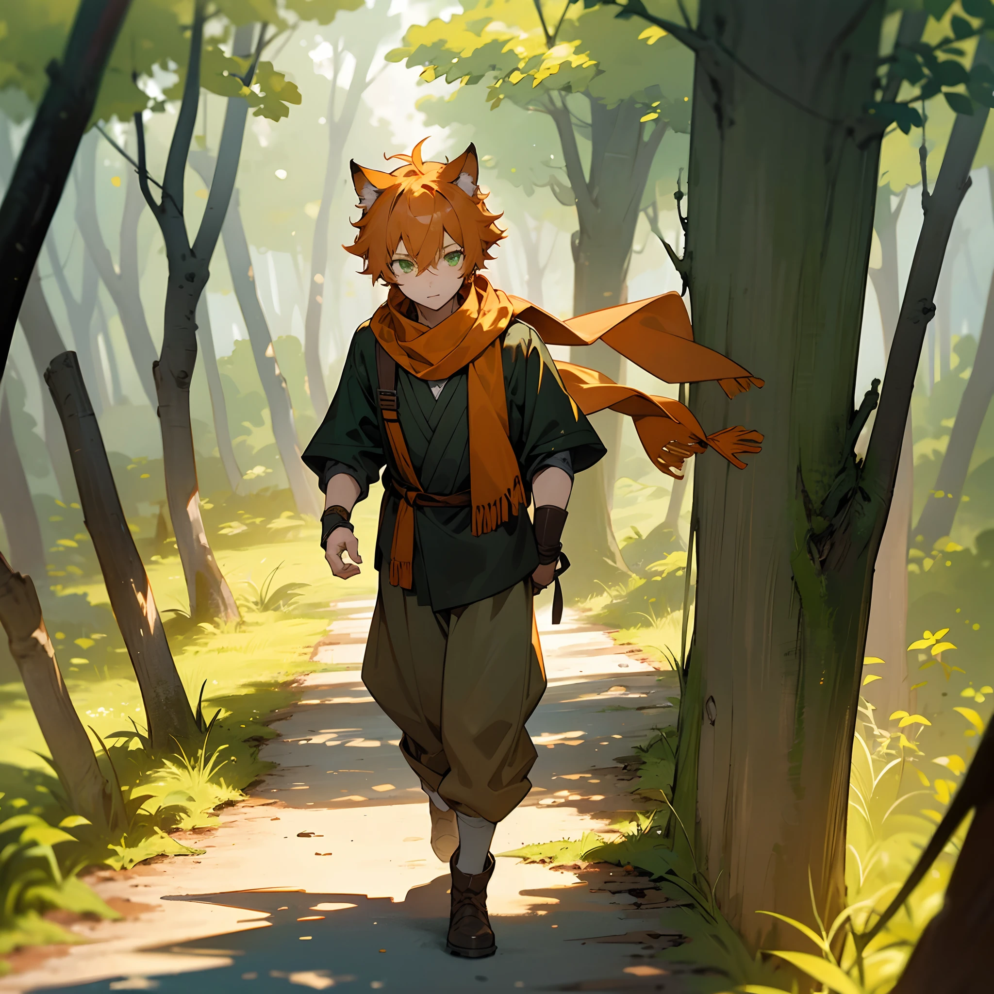 1male, messy orange short hair, green eyes, young adult, best light and shadows, loose adventurer clothing, scarf, walking down path, forest village, cat ears